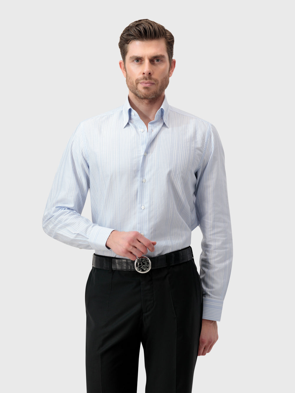 قميص رسمي مخطط بياقة مخفية بأزرار مخططة - أزرق أكسفورد