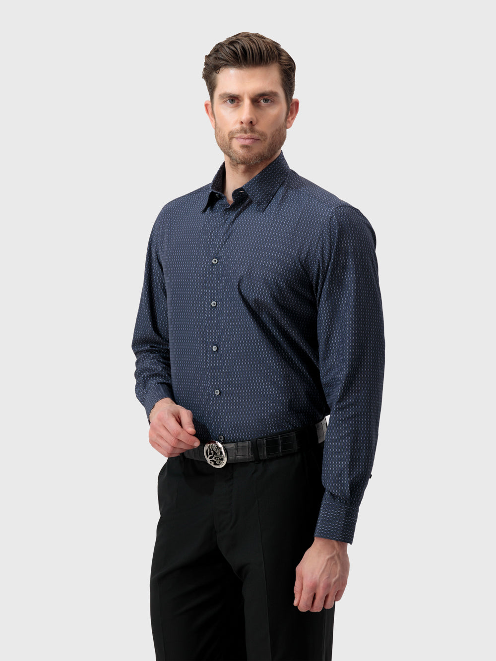 قميص قطن منقوش بنقوش هندسية - أزرق دخاني