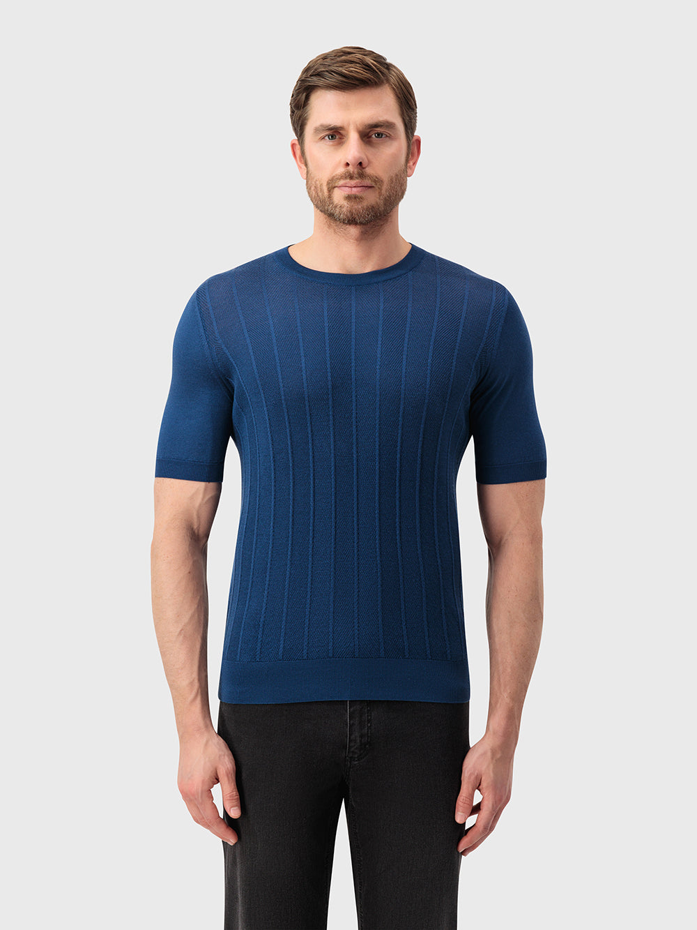 قميص بولو بولو حريري مخطط بحياكة حريري - حبر