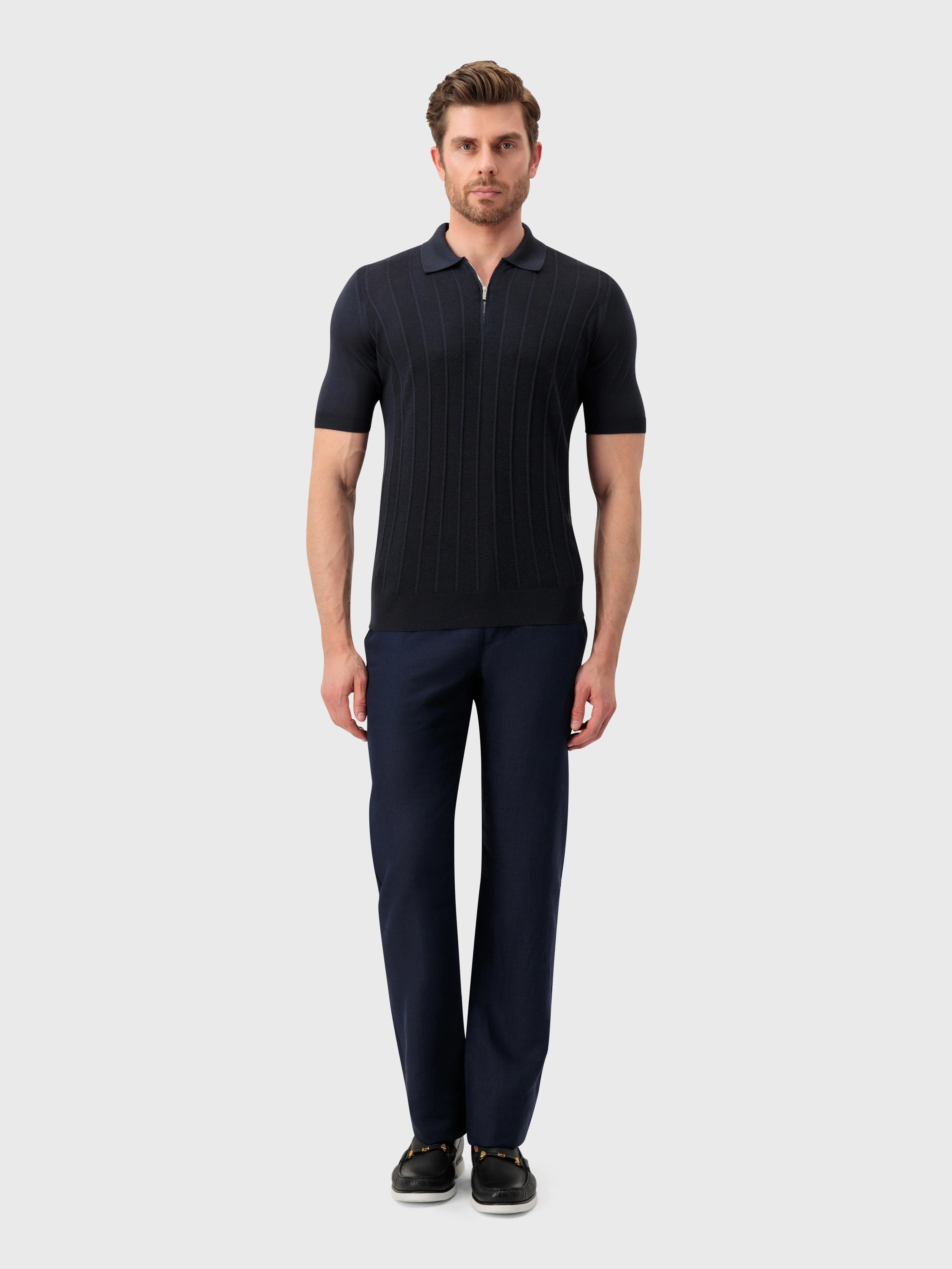 تي شيرت بولو مخطط من الحرير المحبوك - أزرق كحلي