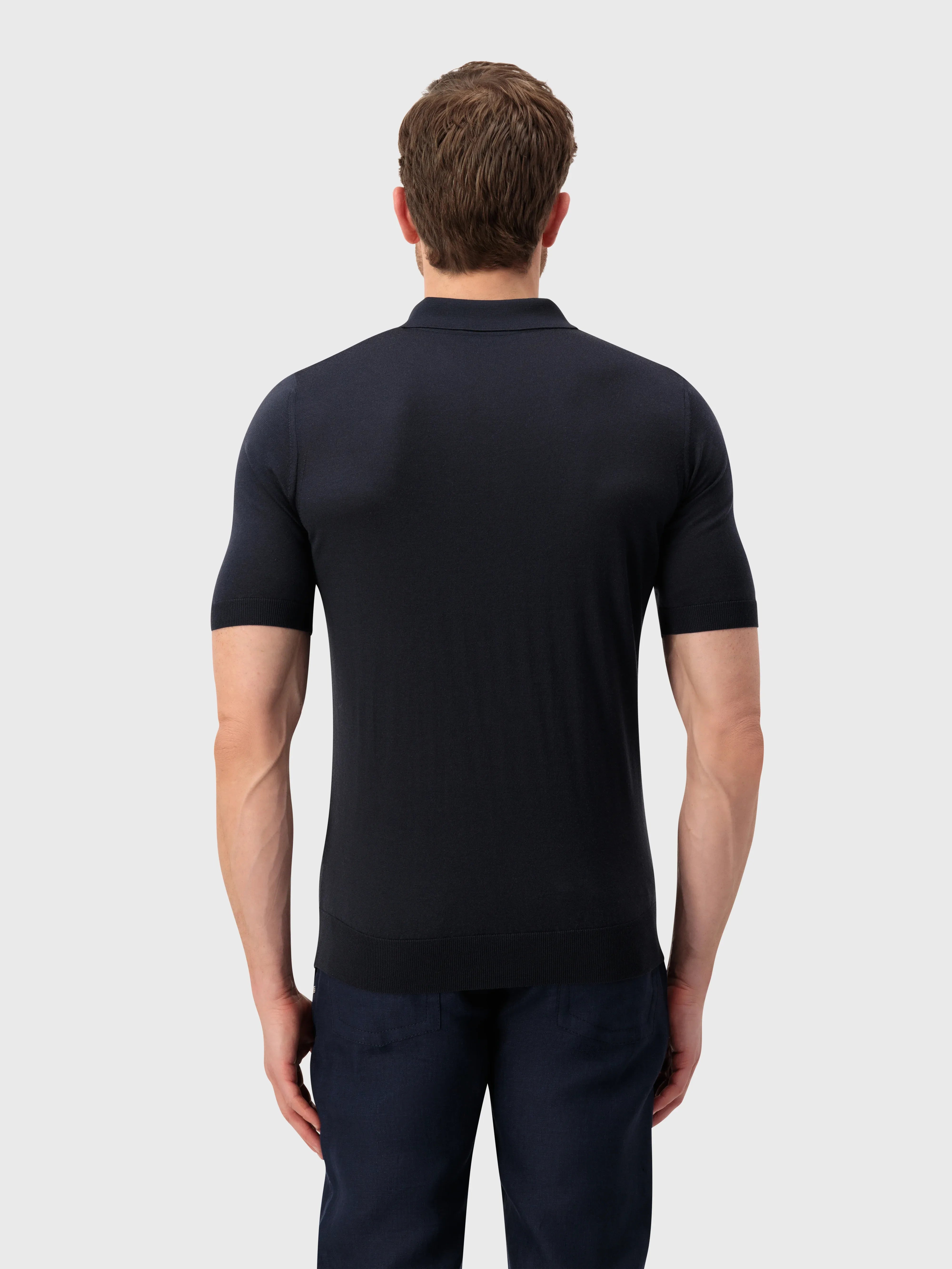 تي شيرت بولو مخطط من الحرير المحبوك - أزرق كحلي