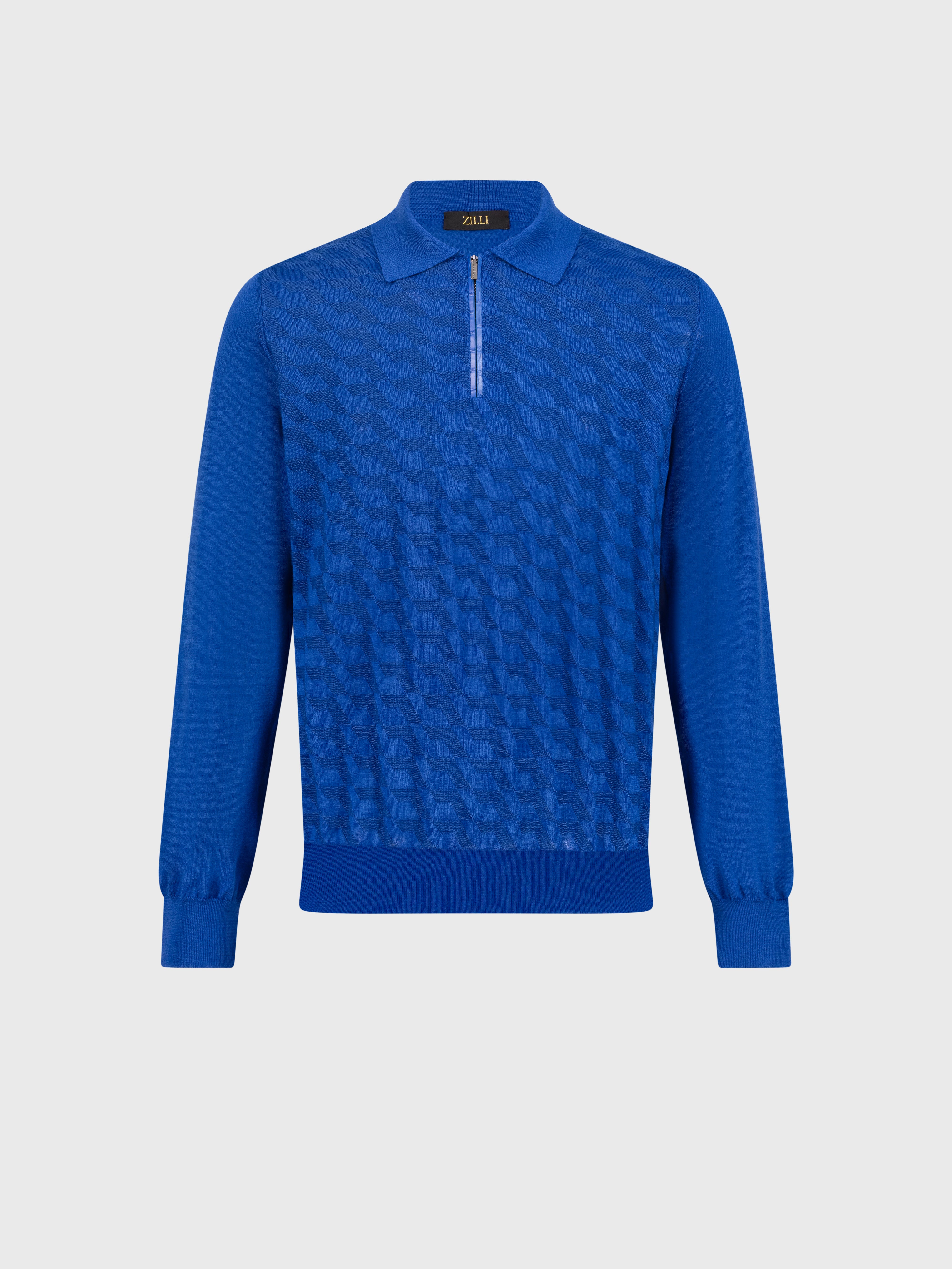 تي شيرت بولو بسحاب من الكشمير والحرير الأزرق الفاتح