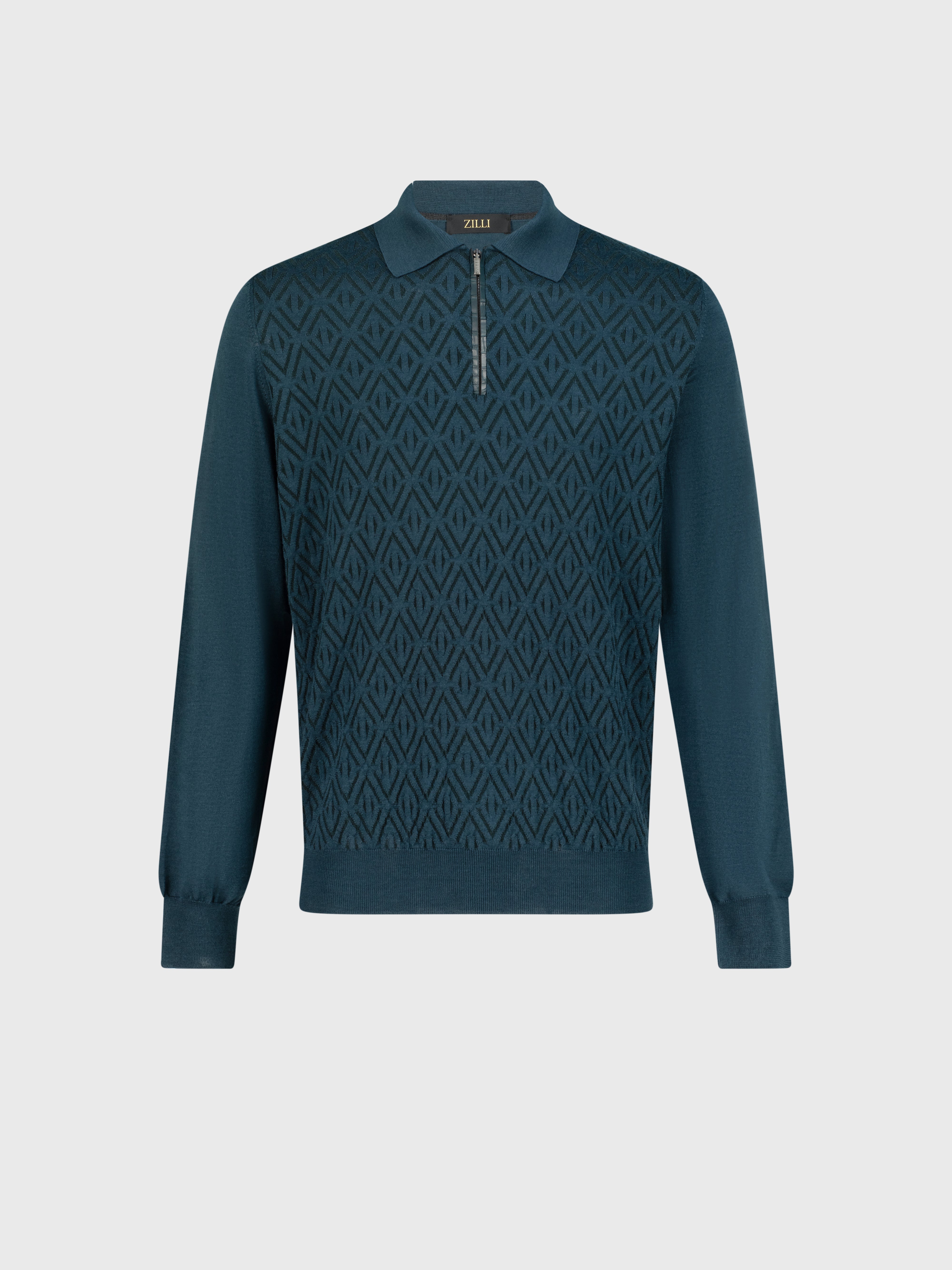 قميص بولو بنقشة هندسية من الصوف والحرير والكشمير باللون الأخضر الداكن