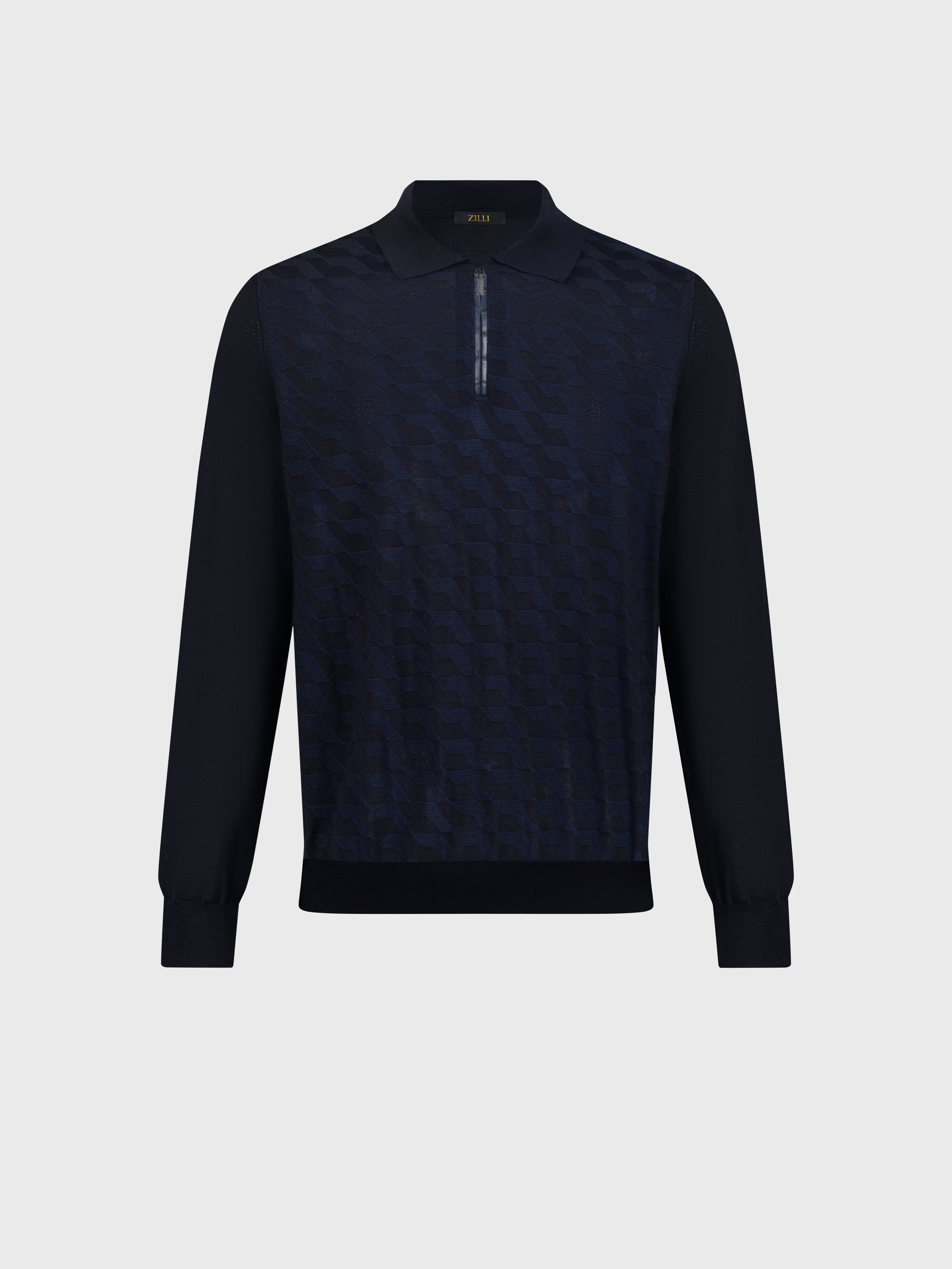 تي شيرت بولو بسحاب من الكشمير والحرير الكحلي الداكن