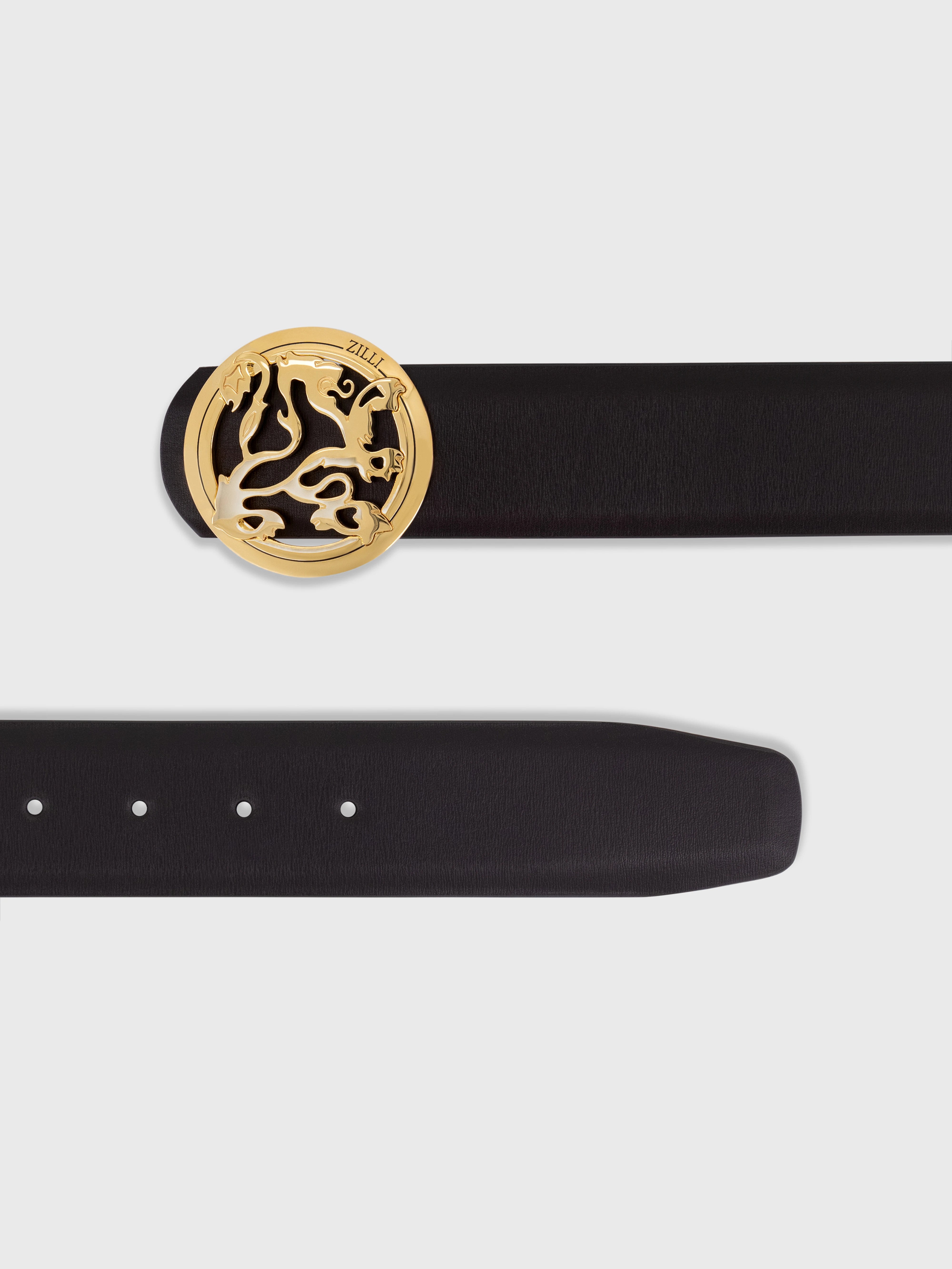 حزام من جلد العجل بإبزيم الأسد - بني