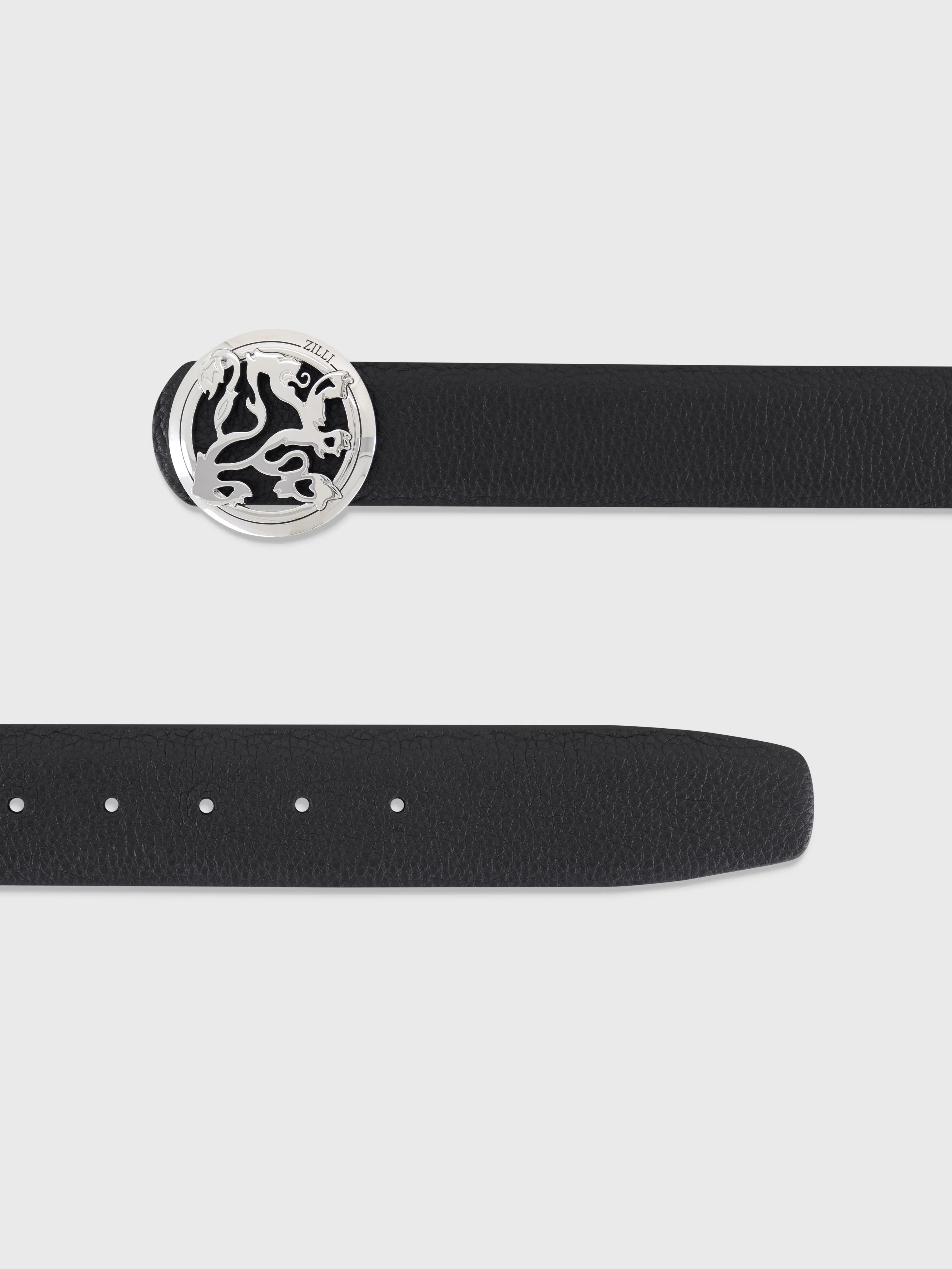 حزام من جلد العجل بقطر 40 مم ومزود بإبزيم على شكل أسد ومطلي بالبلاديوم - أسود