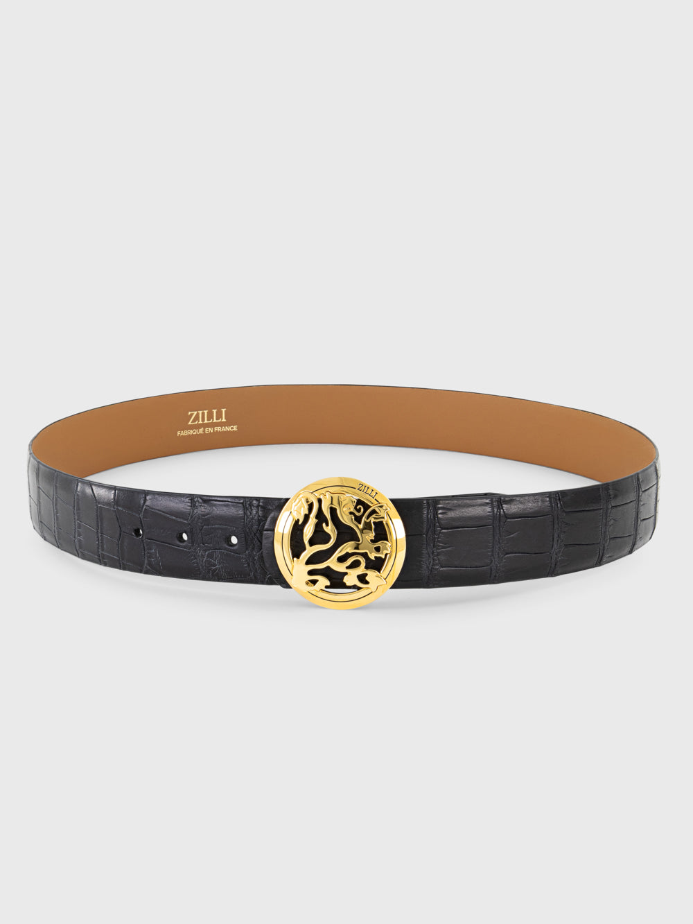 حزام تمساح بإبزيم أسد مطلي بالذهب - أسود