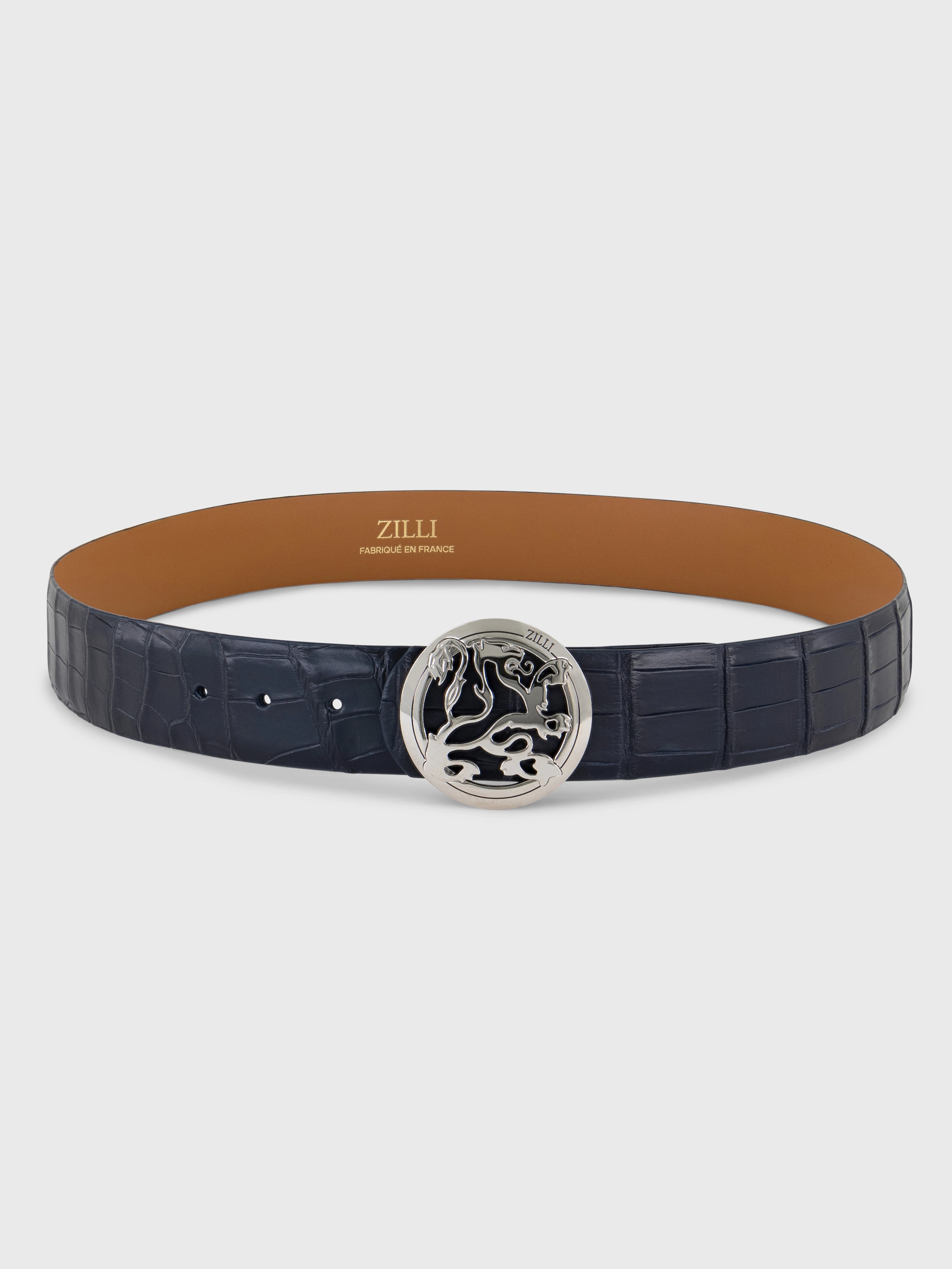 حزام تمساح بإبزيم تمساح بإبزيم أسد بلمسة من البلاديوم - كحلي داكن