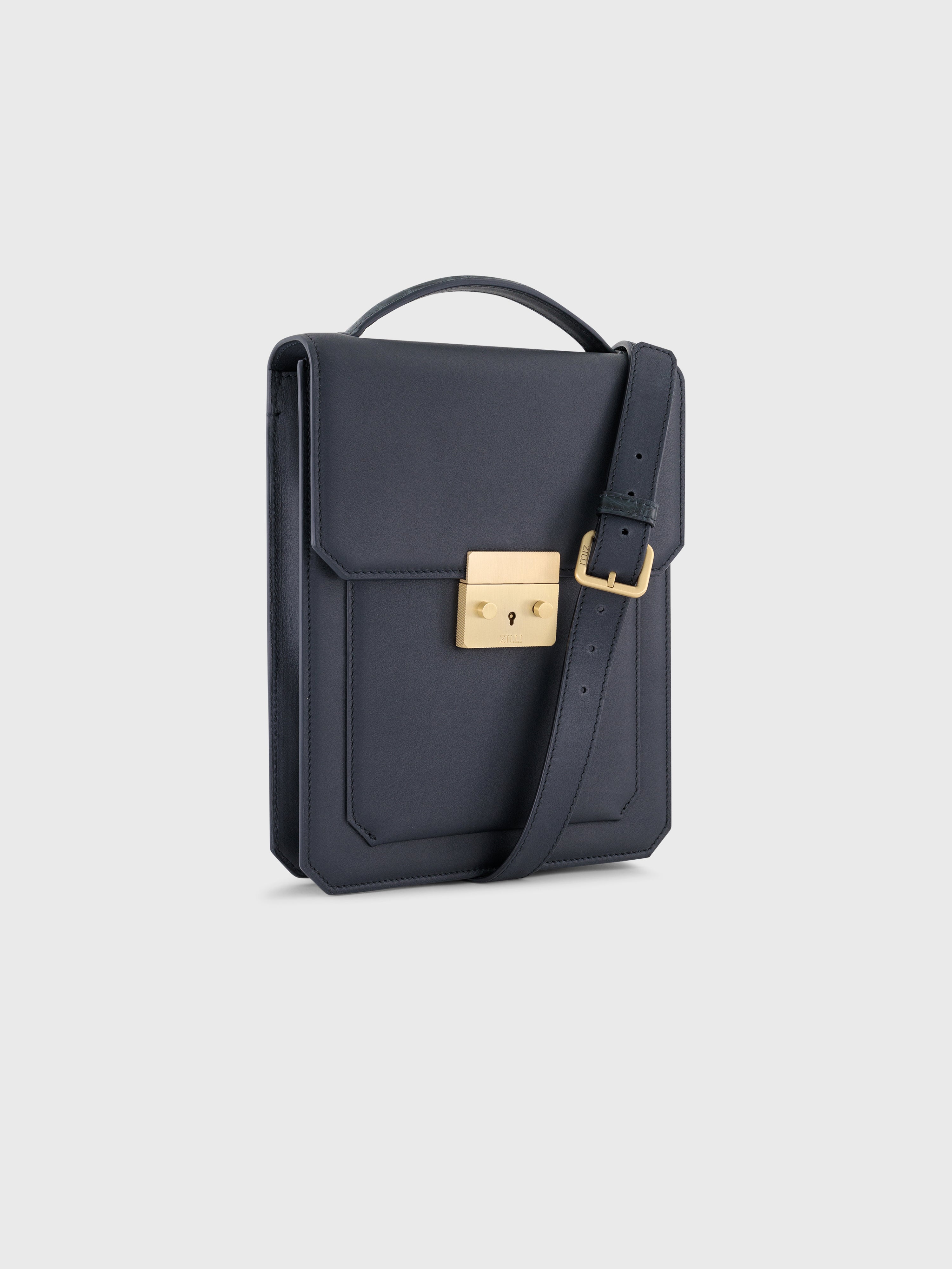 حقيبة من جلد العجل مع إغلاق زيلي بلمسة ذهبية - أزرق كحلي