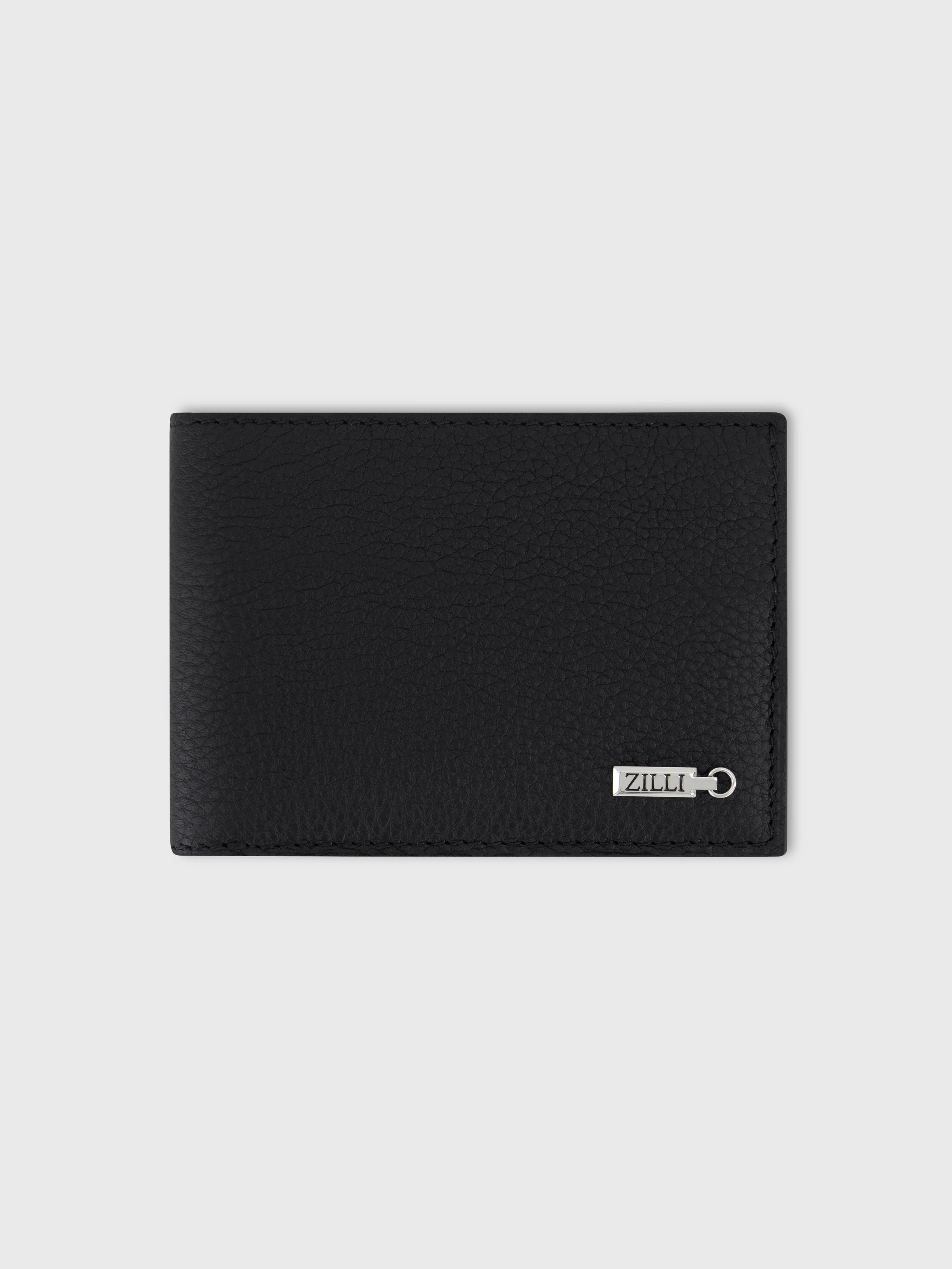 محفظة ثنائية الطي من جلد العجل المرصوف بالحصى - أسود