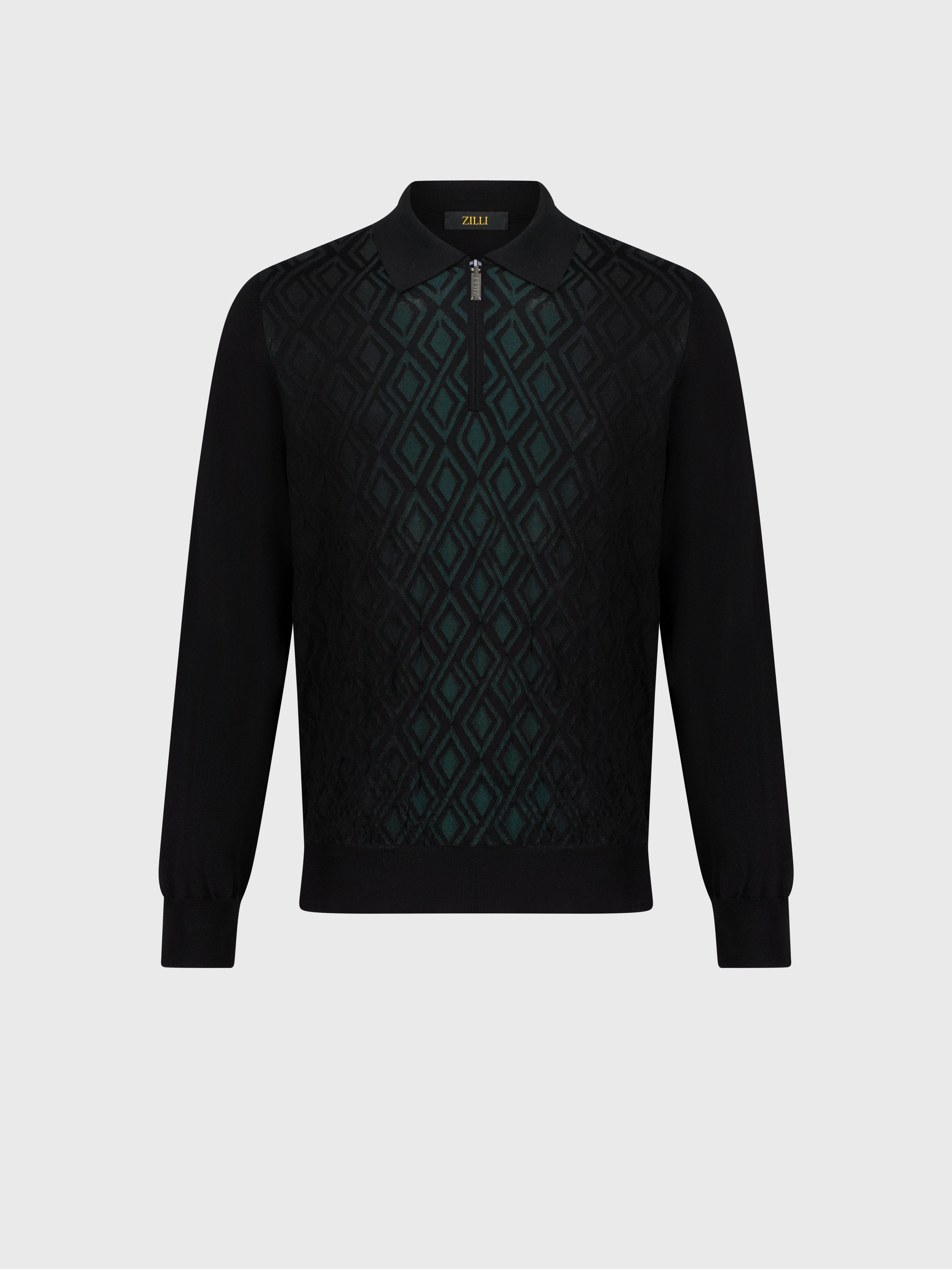 بولو تريكو بسحاب من الصوف والحرير والكشمير أسود