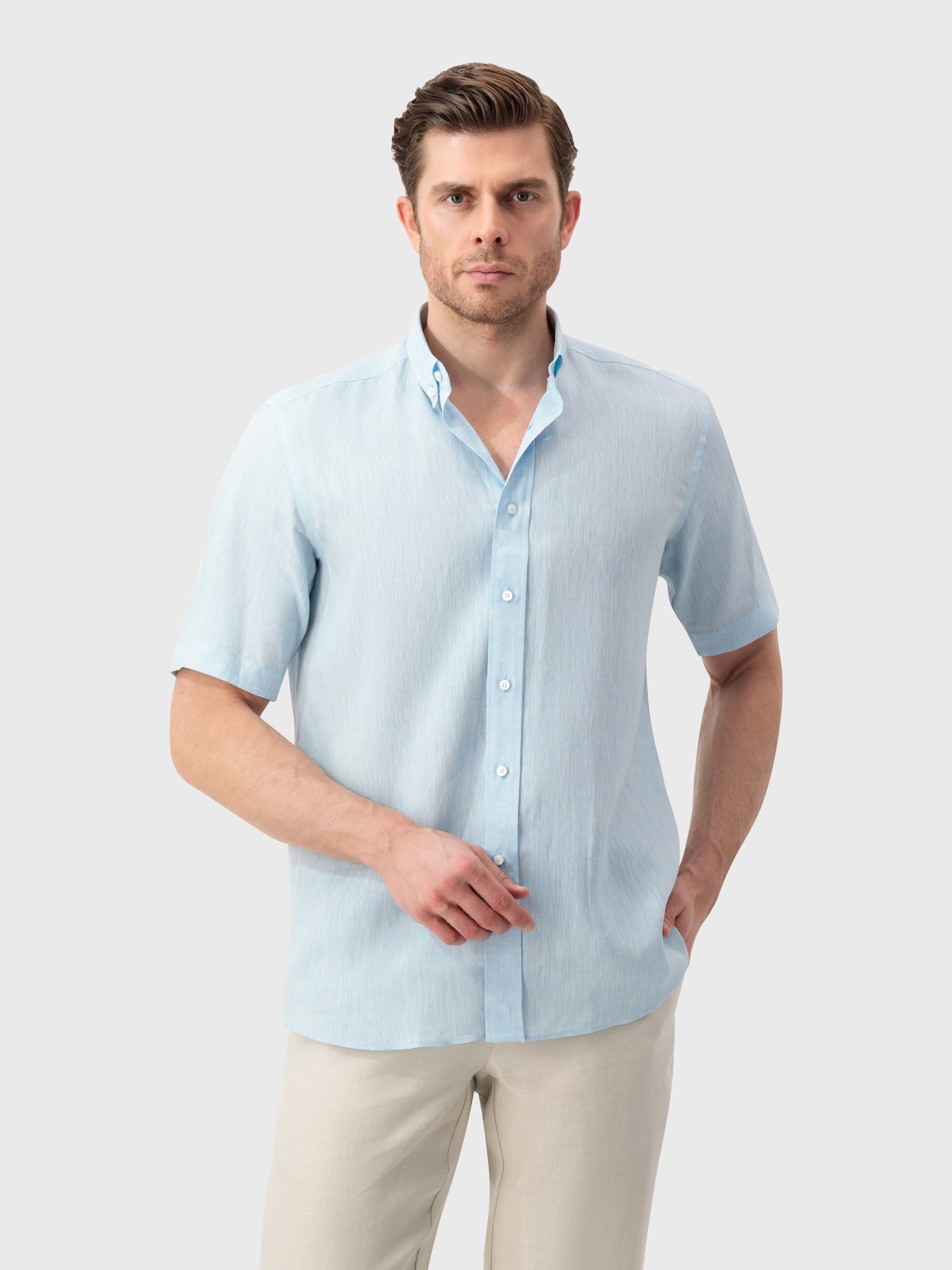 قميص كتان بياقة واحدة مخيط - أزرق أكسفورد