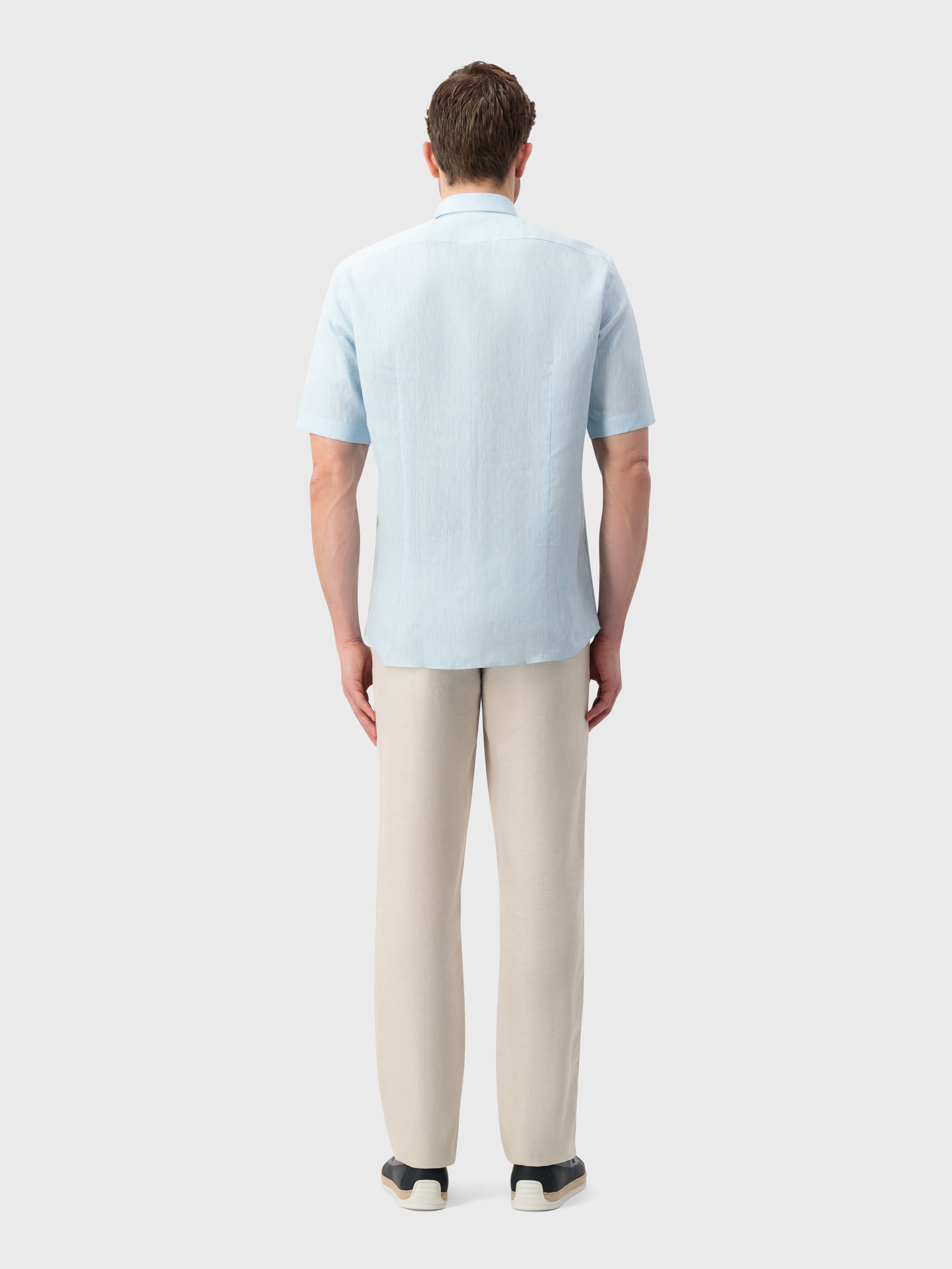 قميص كتان بياقة واحدة مخيط - أزرق أكسفورد