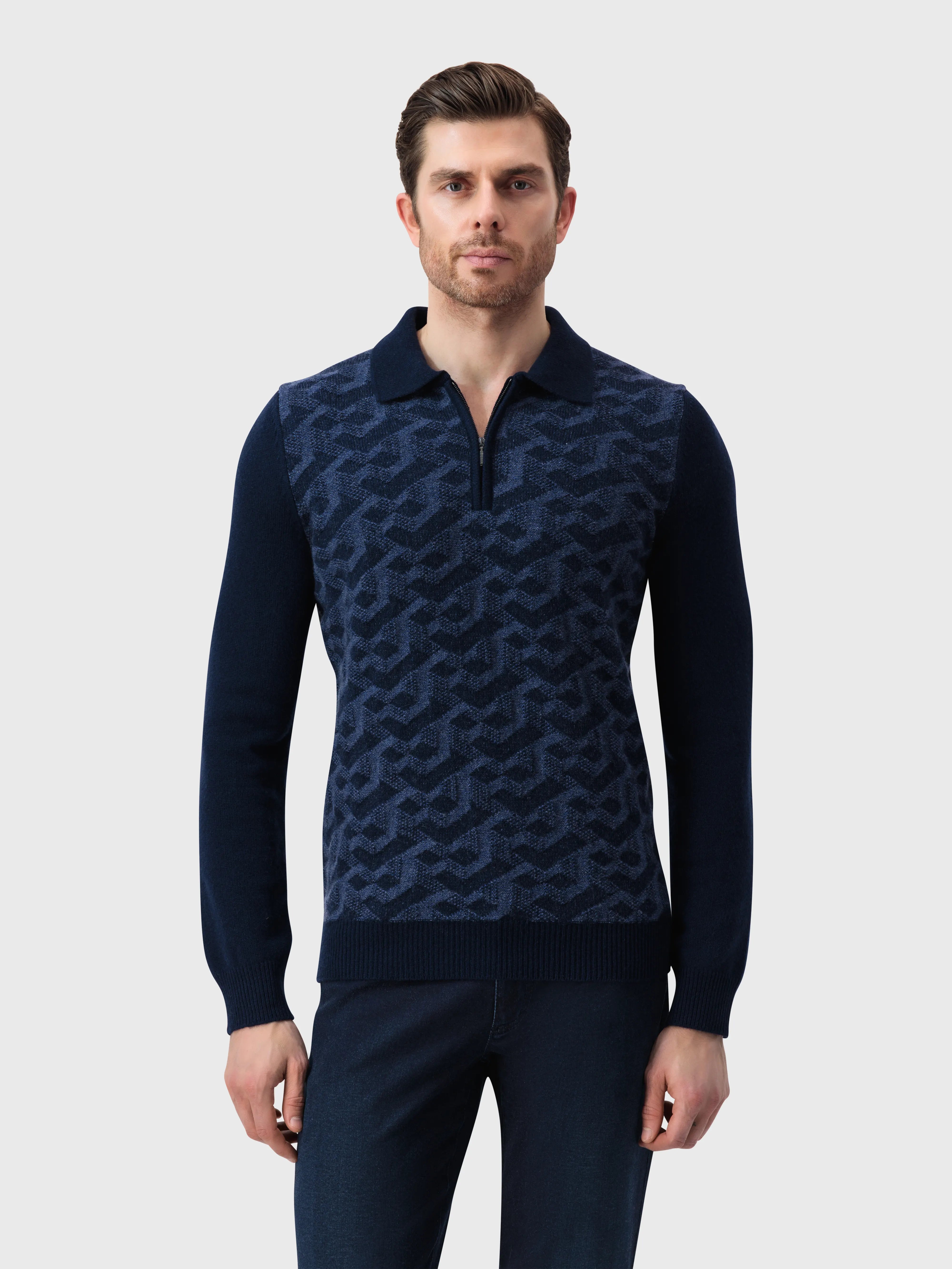 كنزة بسترة بفتحة نصف سحابة جرافيك - كحلي غامق