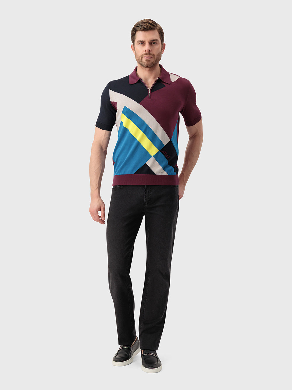 قميص بولو محبوك بنقوش هندسية - أرجواني غامق