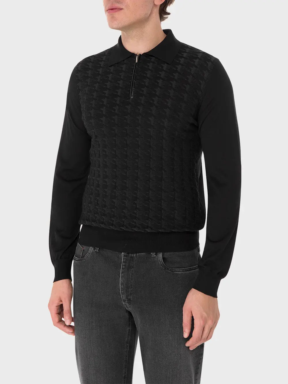 Long Sleeve Zipped Polo with Crocodile Details