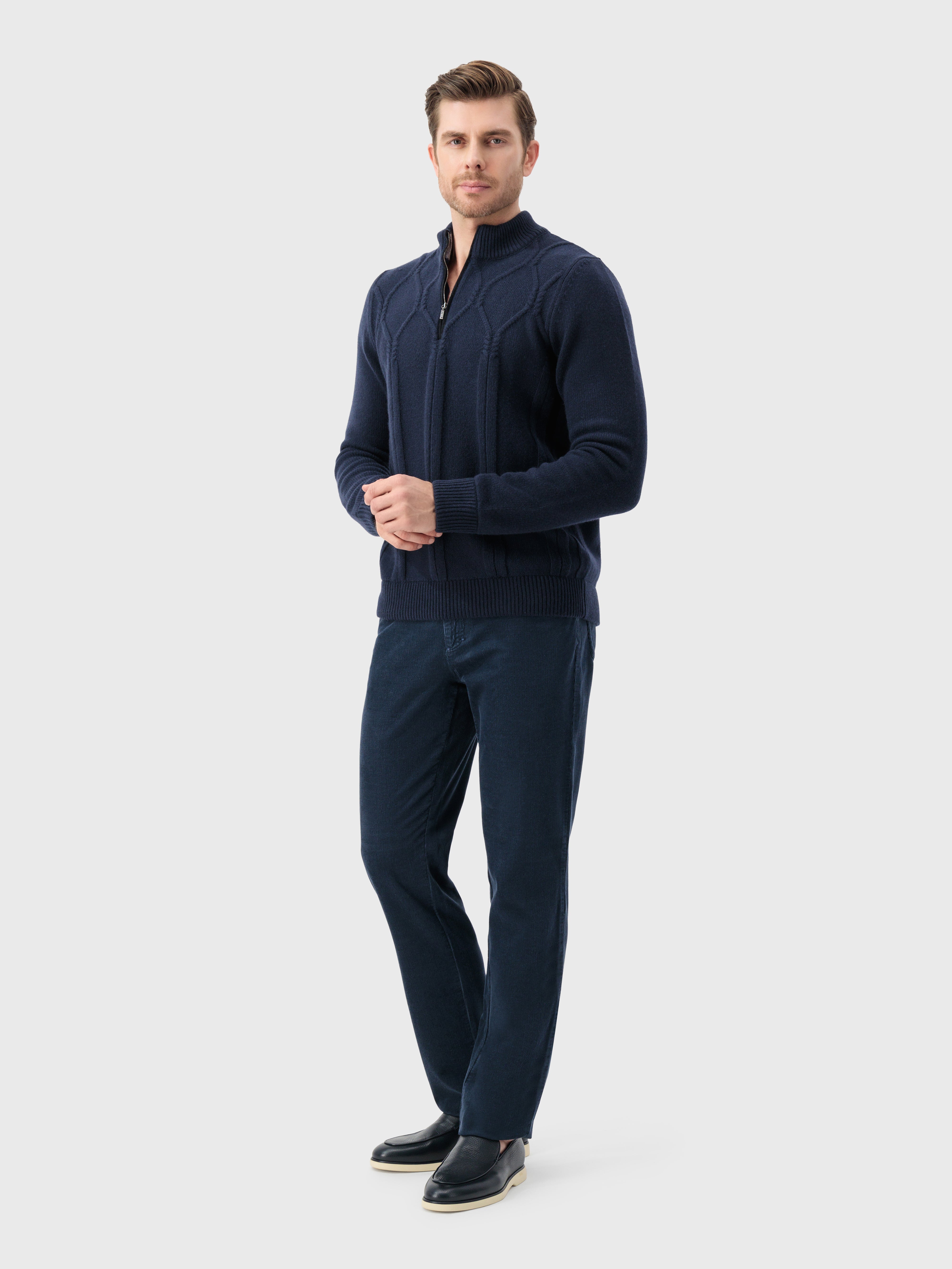 Mock Neck Zipped Cardigan with Rhombus Jacquard Weaving Dark Navy