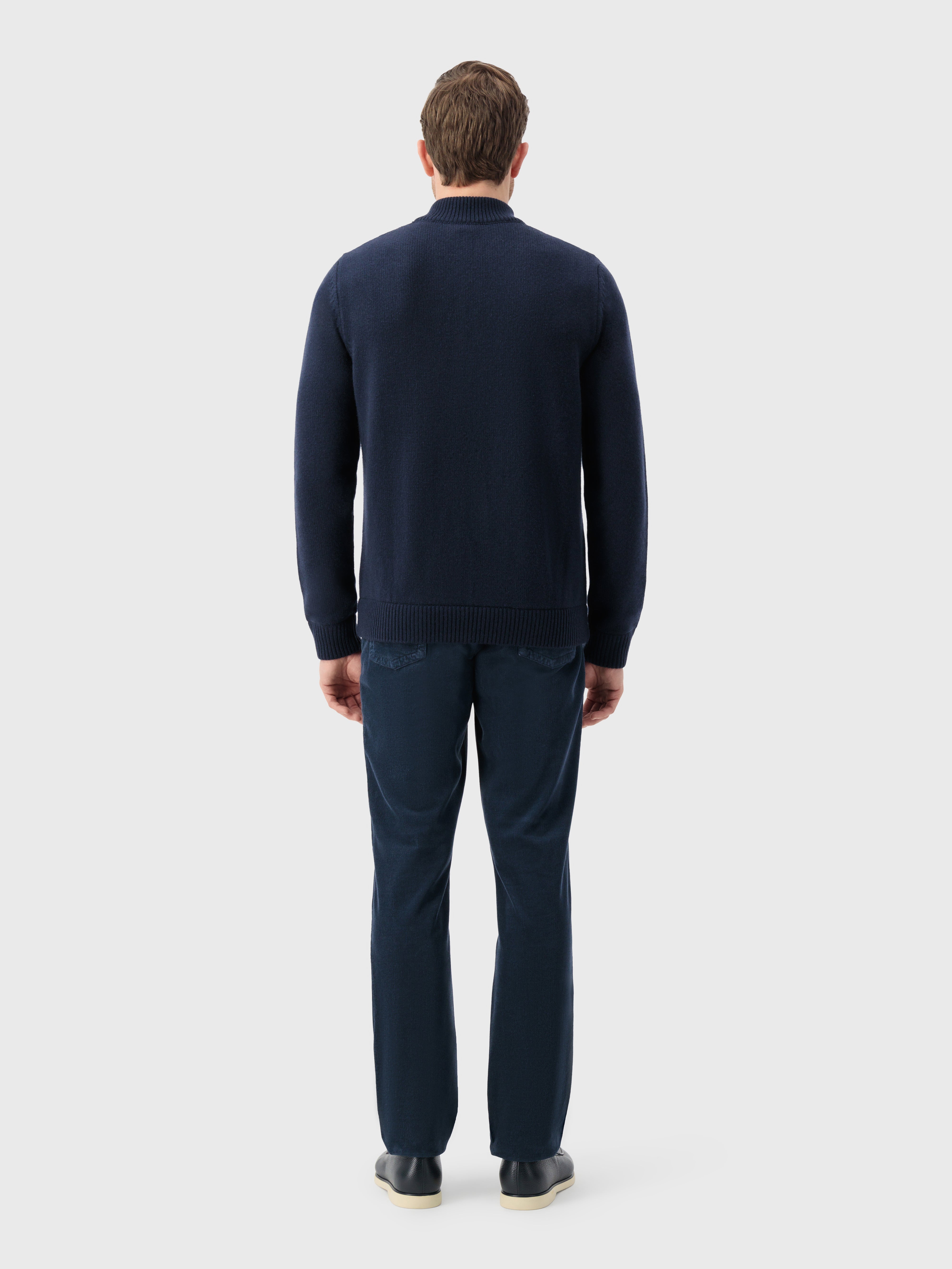 Mock Neck Zipped Cardigan with Rhombus Jacquard Weaving Dark Navy