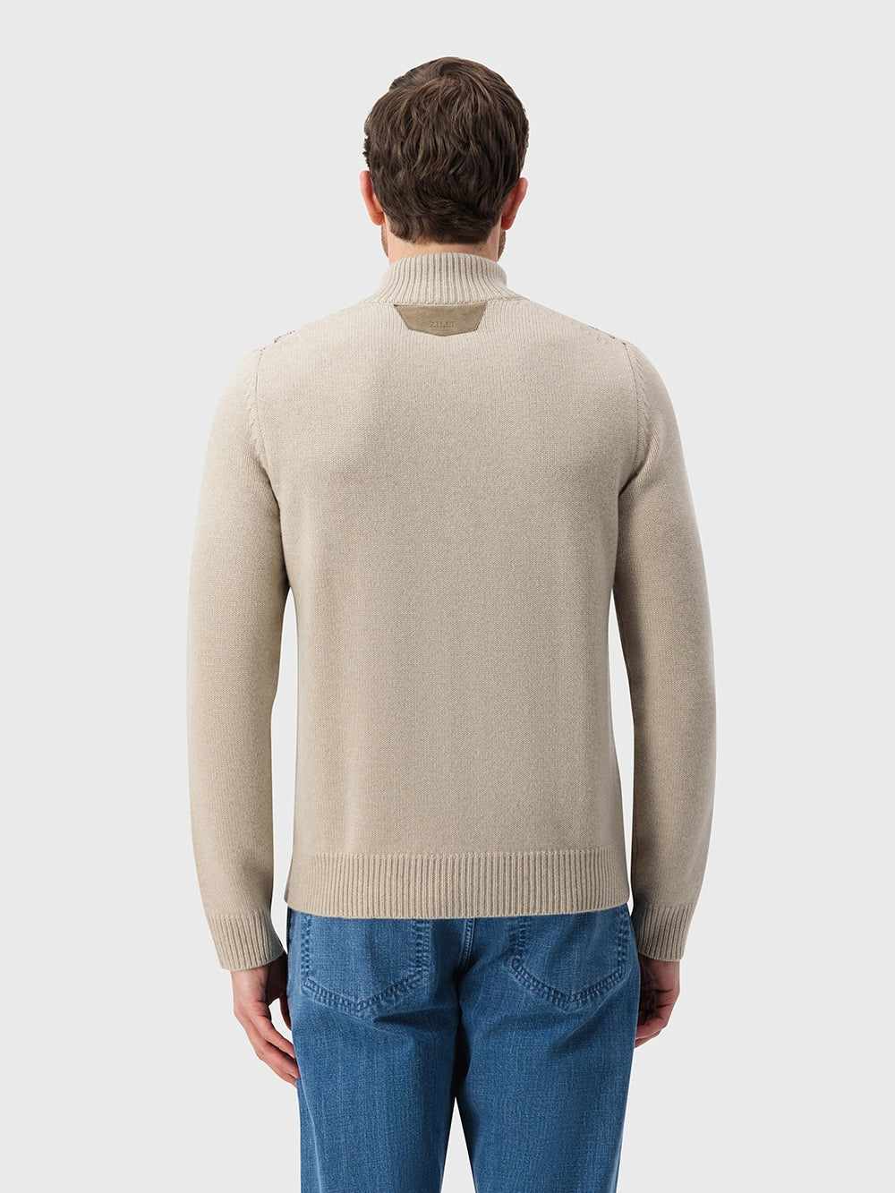 Zip-Up Sweater with Diamond Lattice Knit Pattern – Pale Fawn