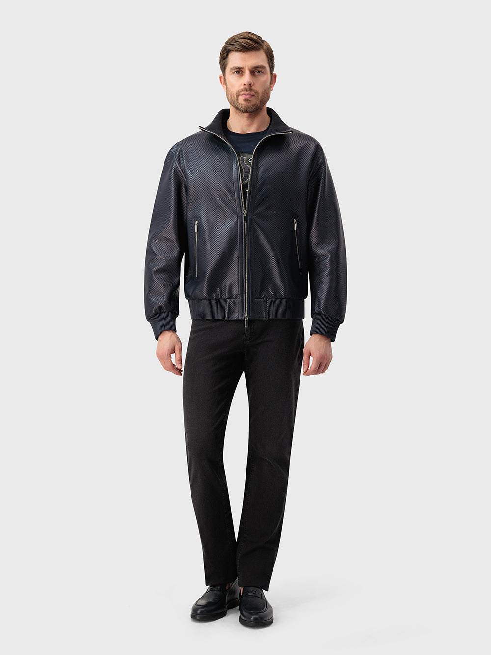 Perforated Leather Bomber Jacket - Blue Navy & Light Grey