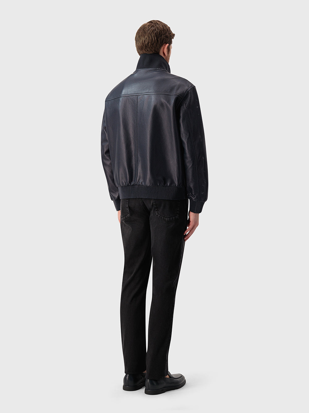 Perforated Leather Bomber Jacket - Blue Navy & Light Grey