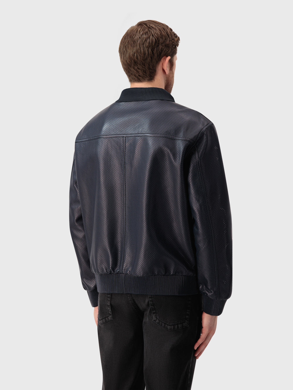 Perforated Leather Bomber Jacket - Blue Navy & Light Grey