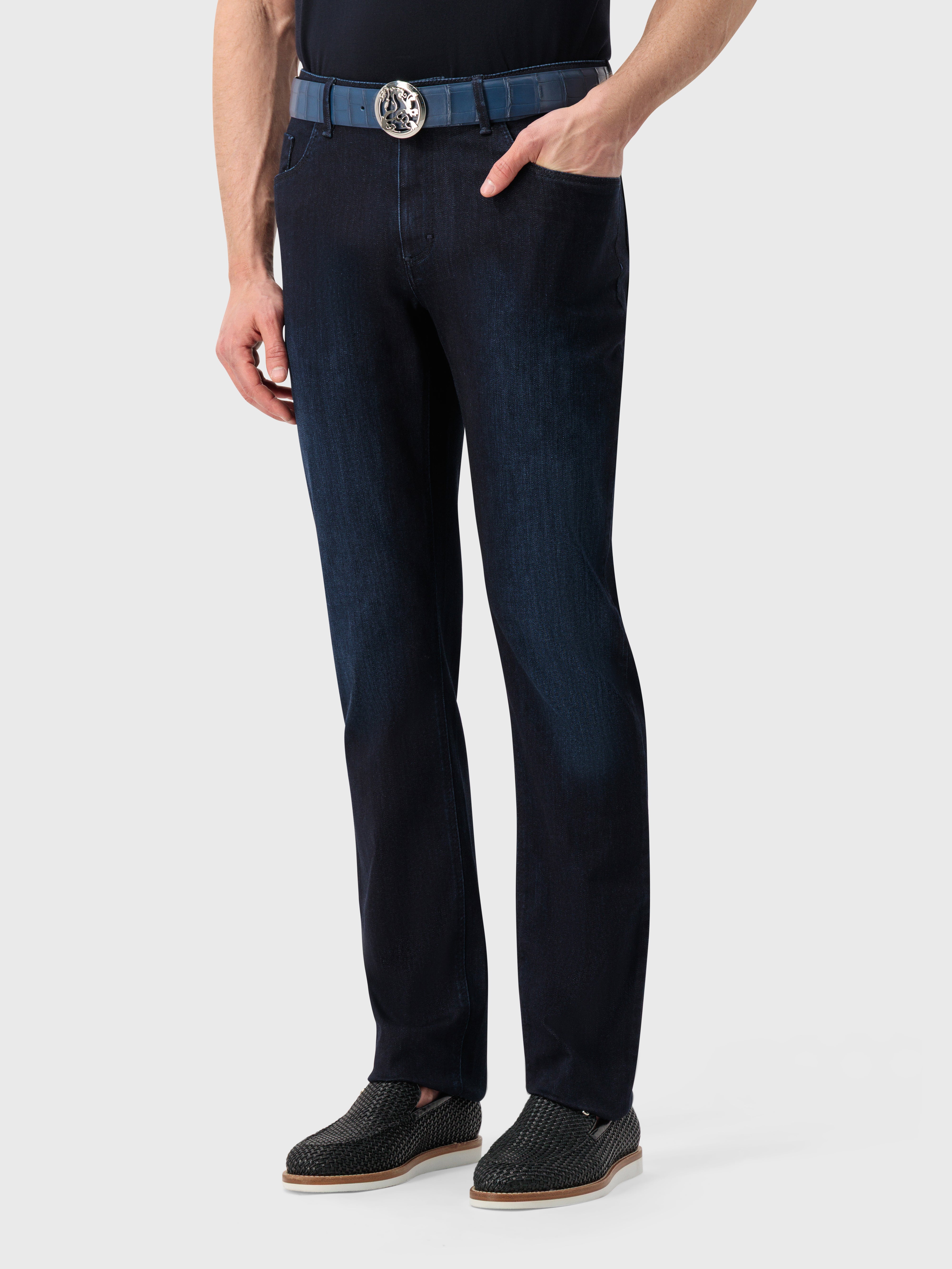 "Lion" Embroidery Denim Cotton Trousers - Blue Navy