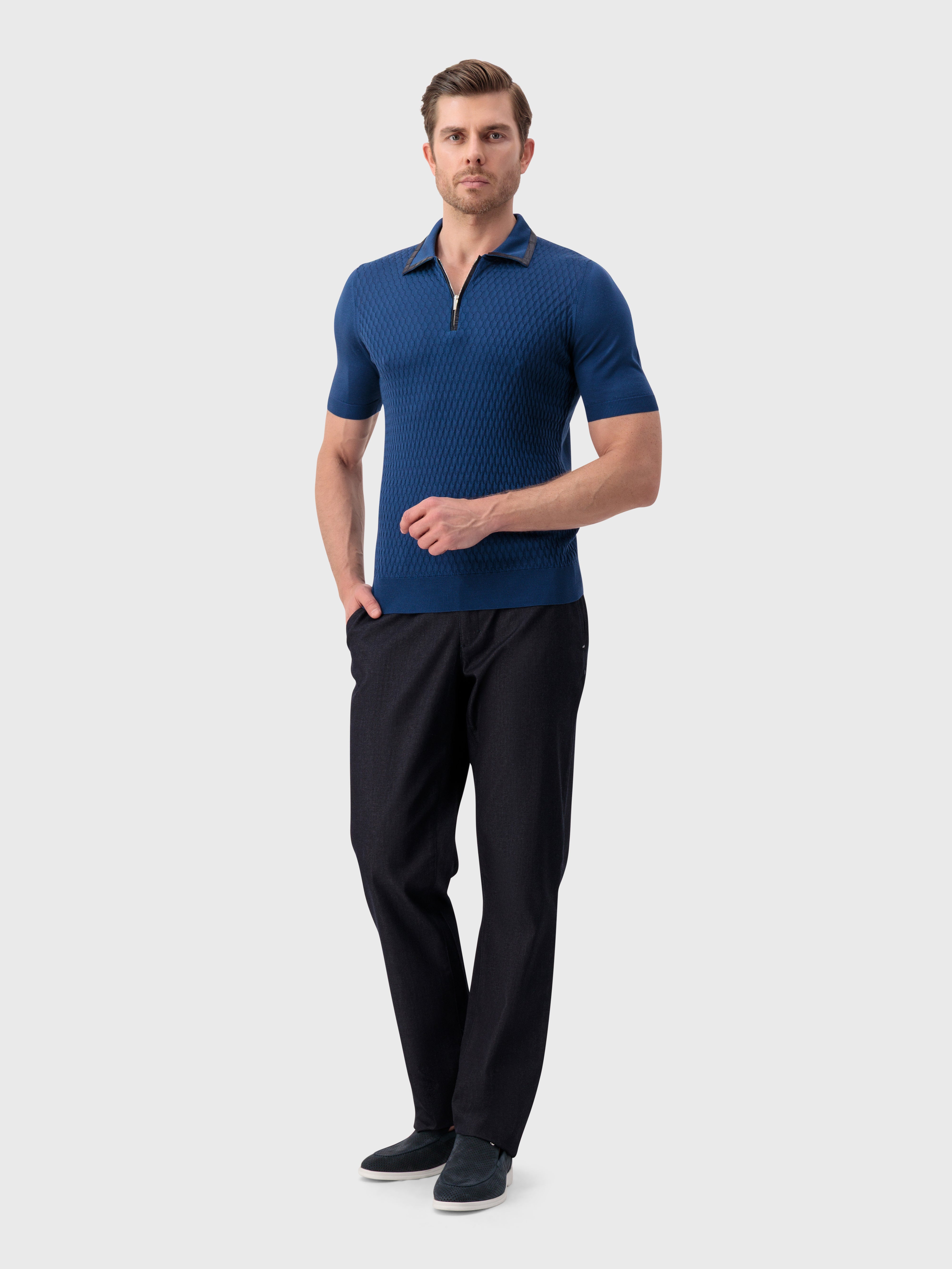 "Micro Lozenges" Crocodile-Detailed Silk Knit Polo - Ink