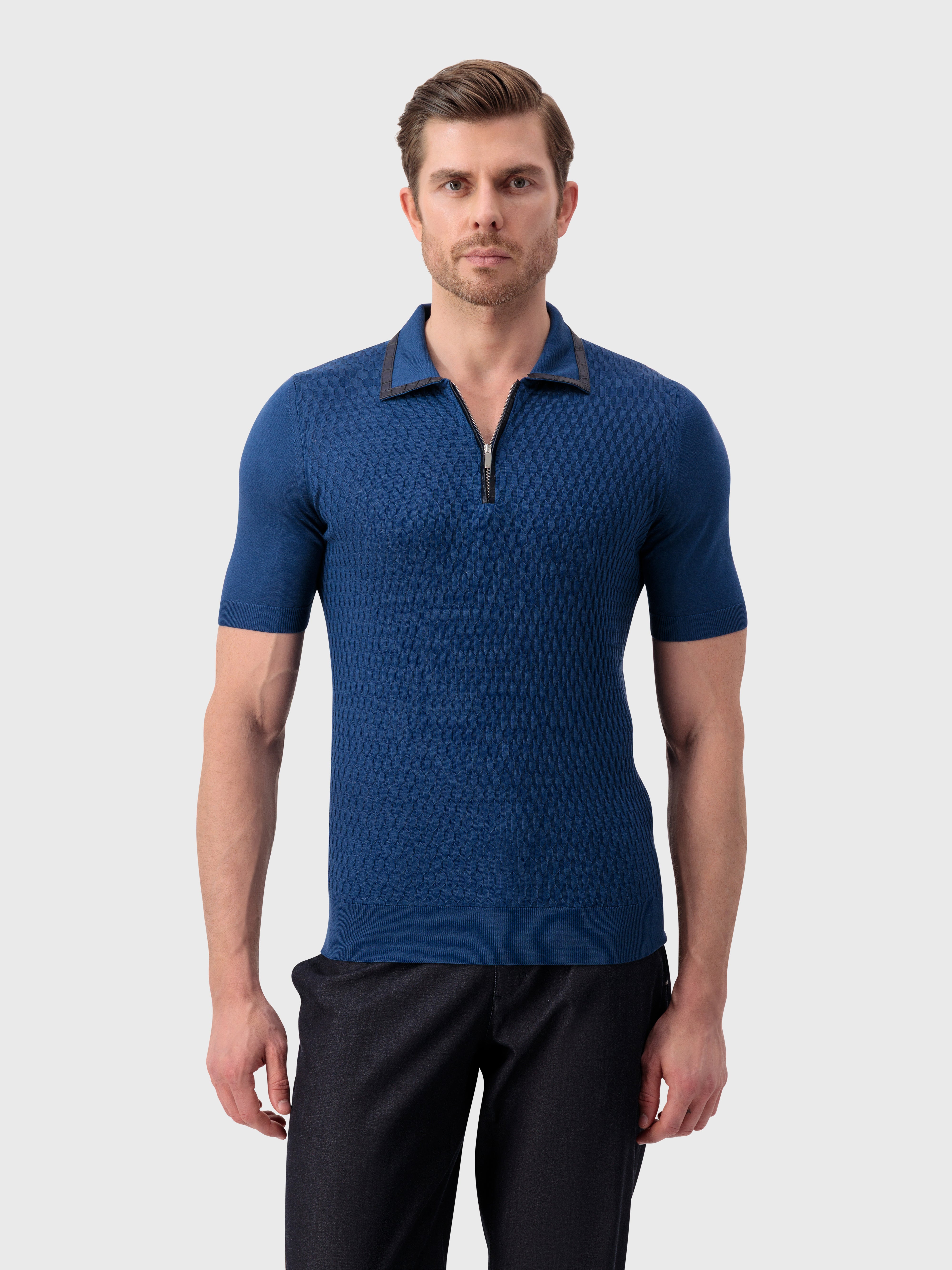 "Micro Lozenges" Crocodile-Detailed Silk Knit Polo - Ink