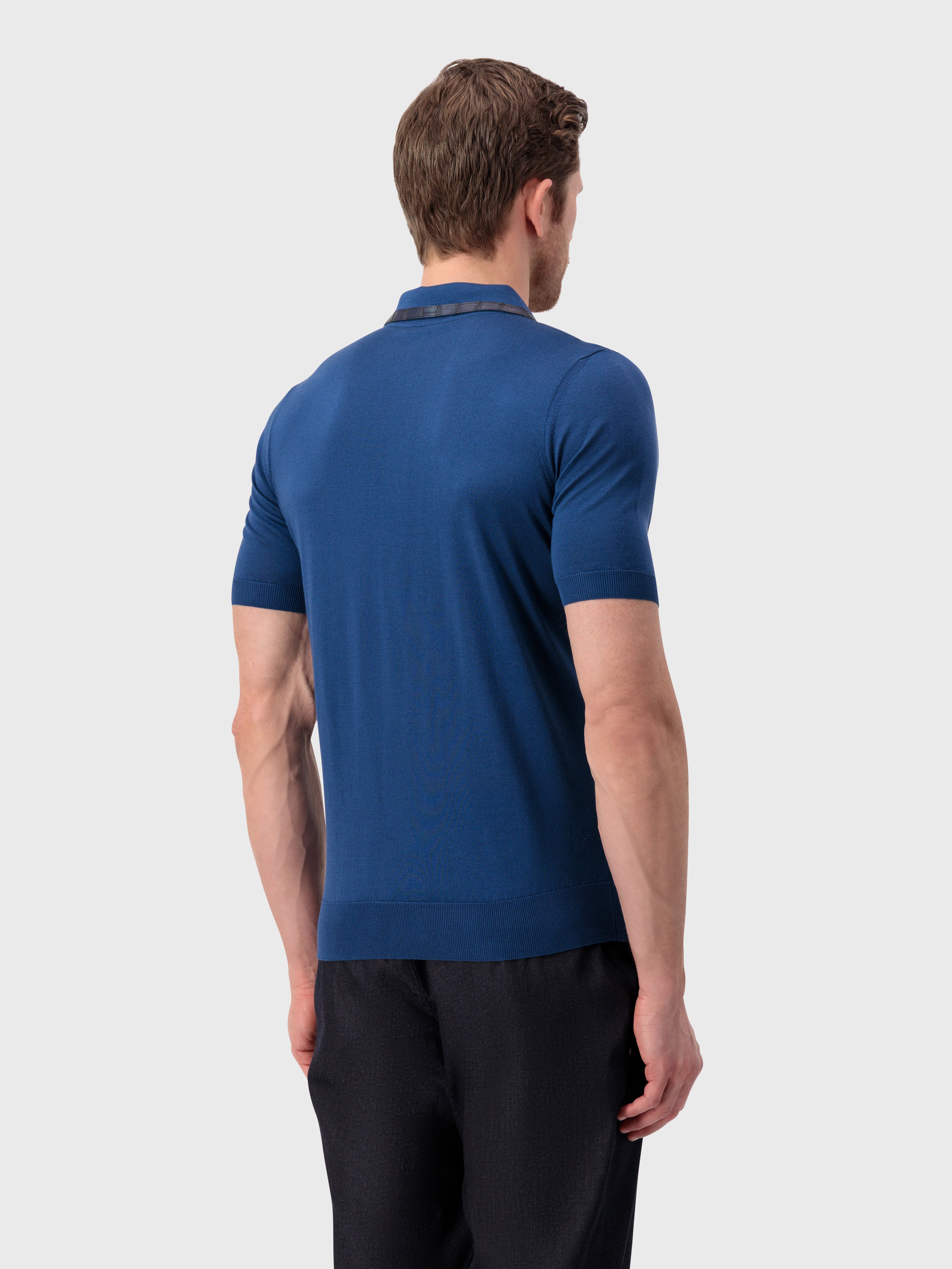"Micro Lozenges" Crocodile-Detailed Silk Knit Polo - Ink