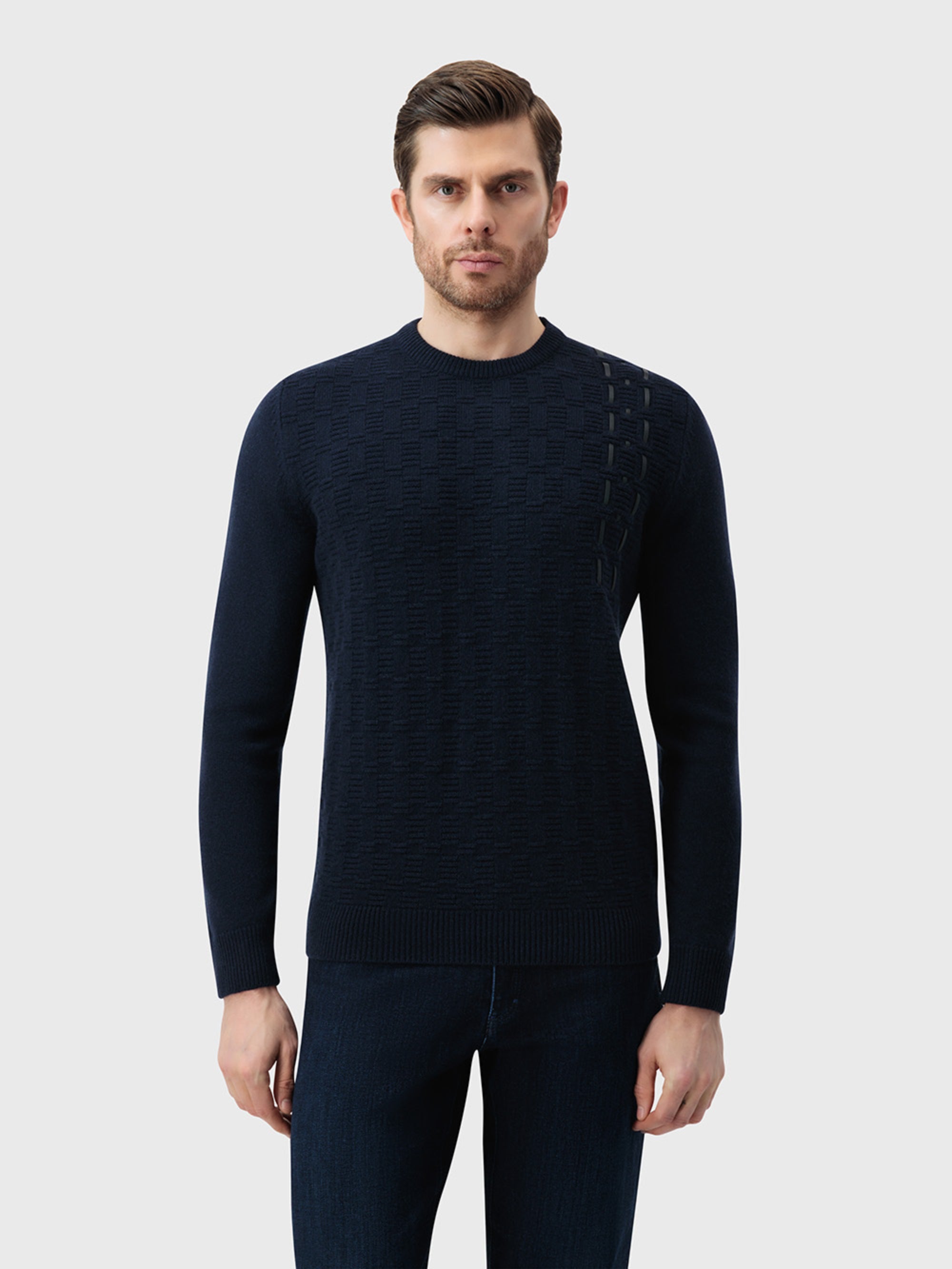 100% Lambswool Pullover with Leather Detail - Dark Navy
