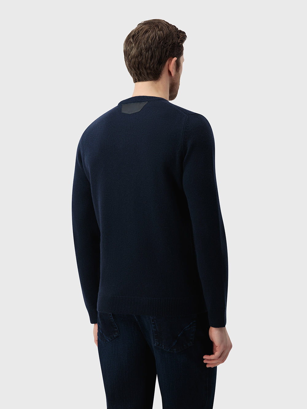 100% Lambswool Pullover with Leather Detail - Dark Navy