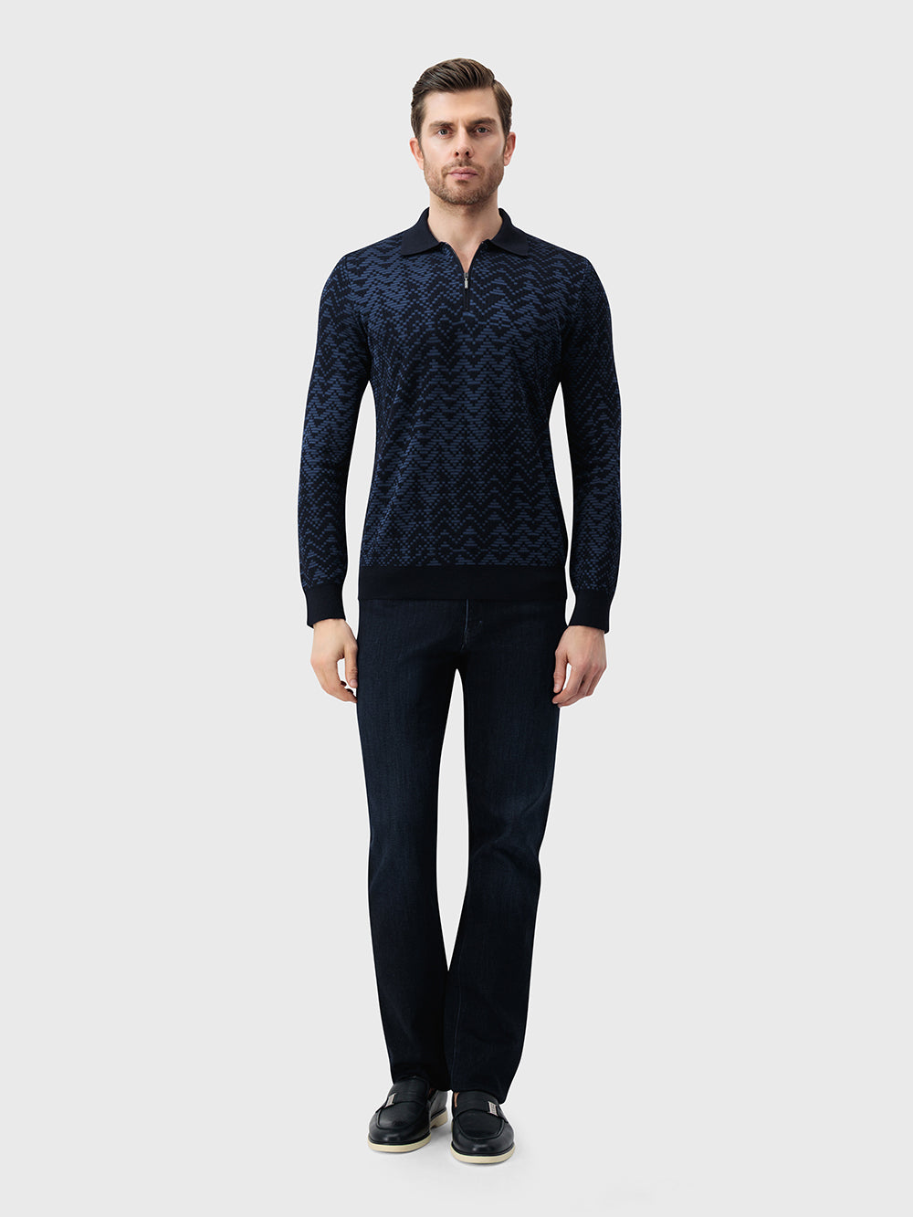 60% Wool 30% Silk 10% Cashmere Zip Polo - Dark Navy