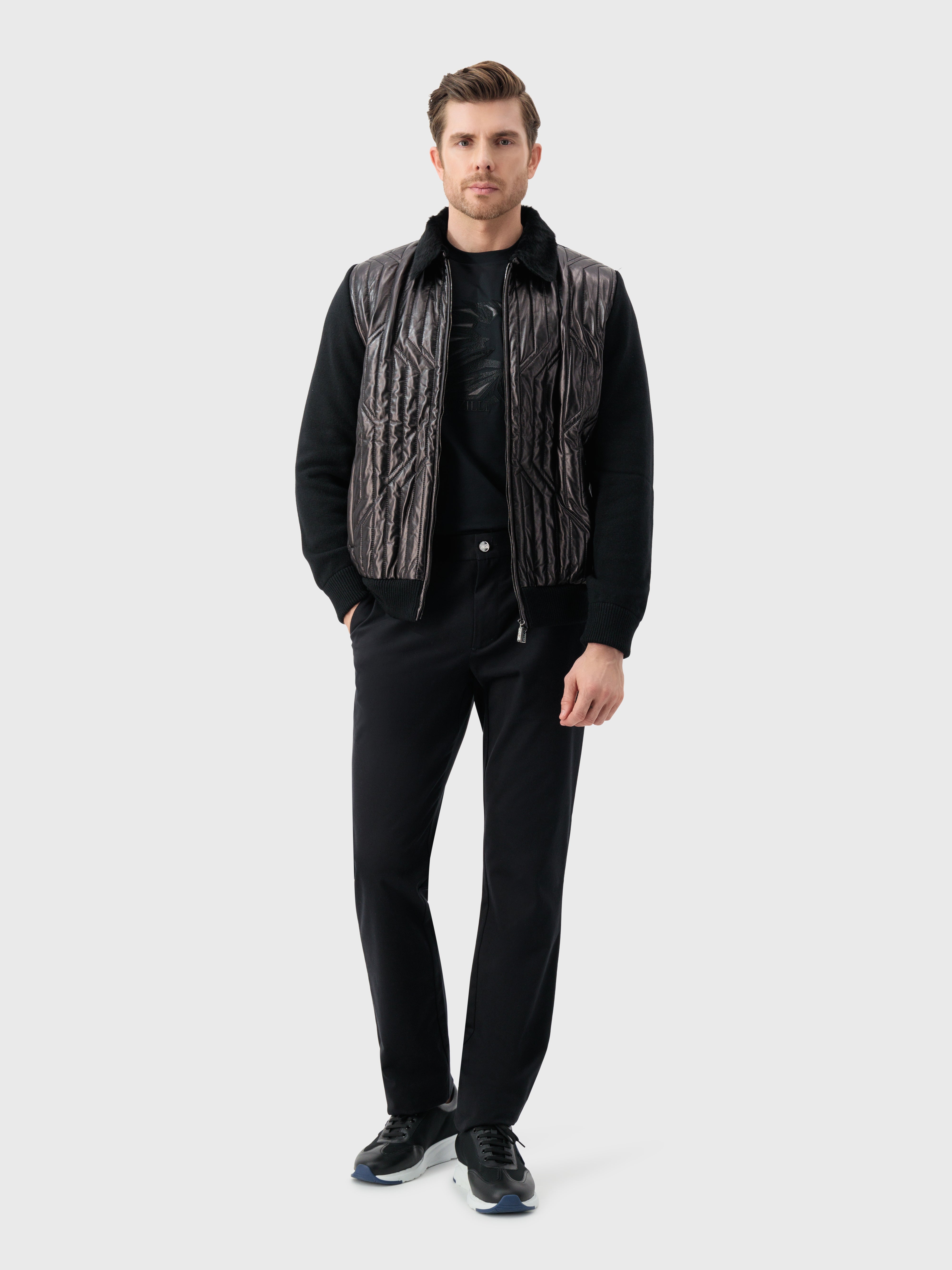 Lambskin Zip-Up with Crossed Stripes Pattern Black