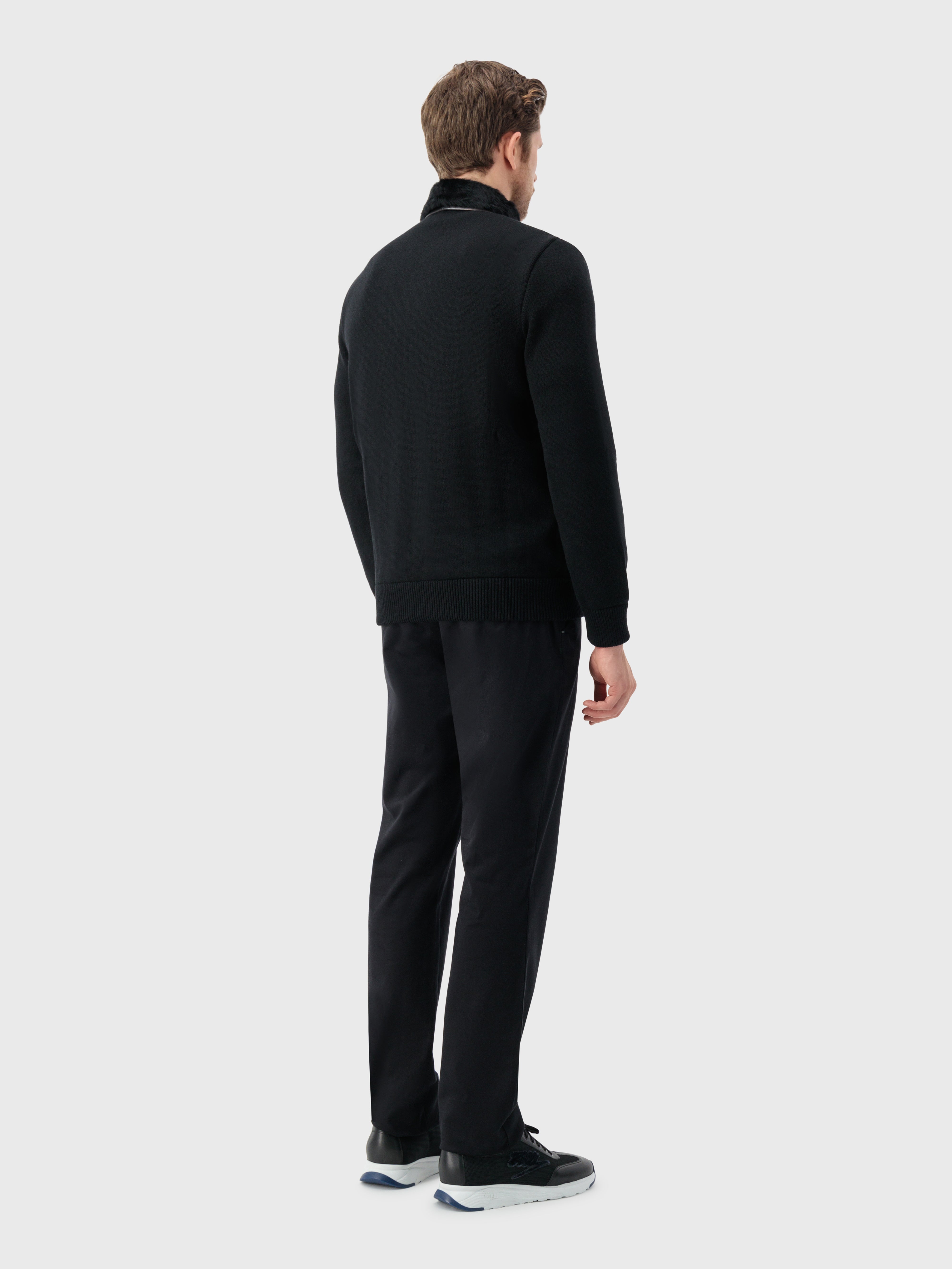 Lambskin Zip-Up with Crossed Stripes Pattern Black