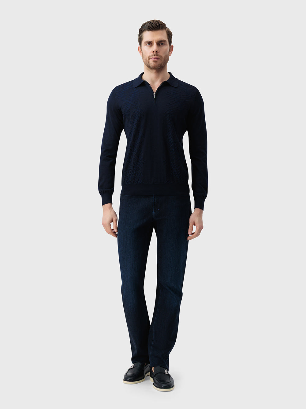 60% Wool 40% Silk Zip Polo - Dark Navy