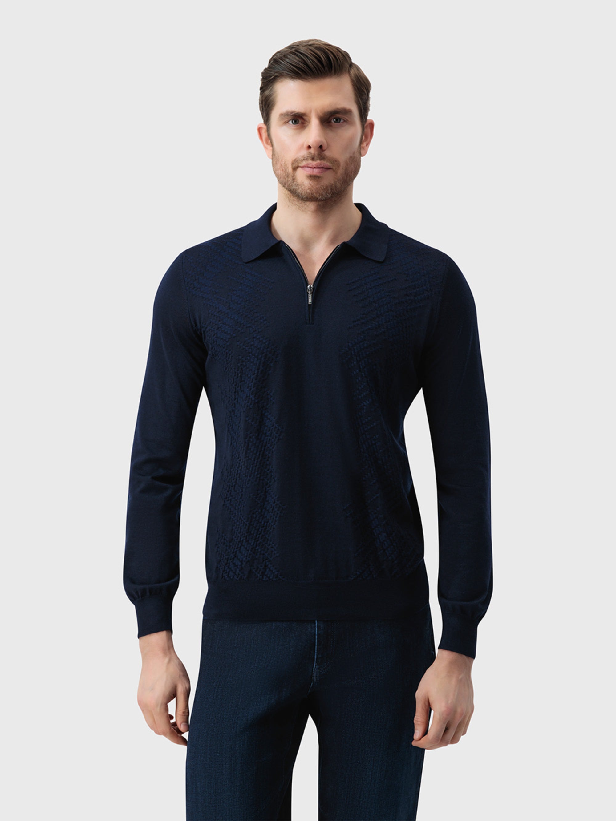 60% Wool 40% Silk Zip Polo - Dark Navy