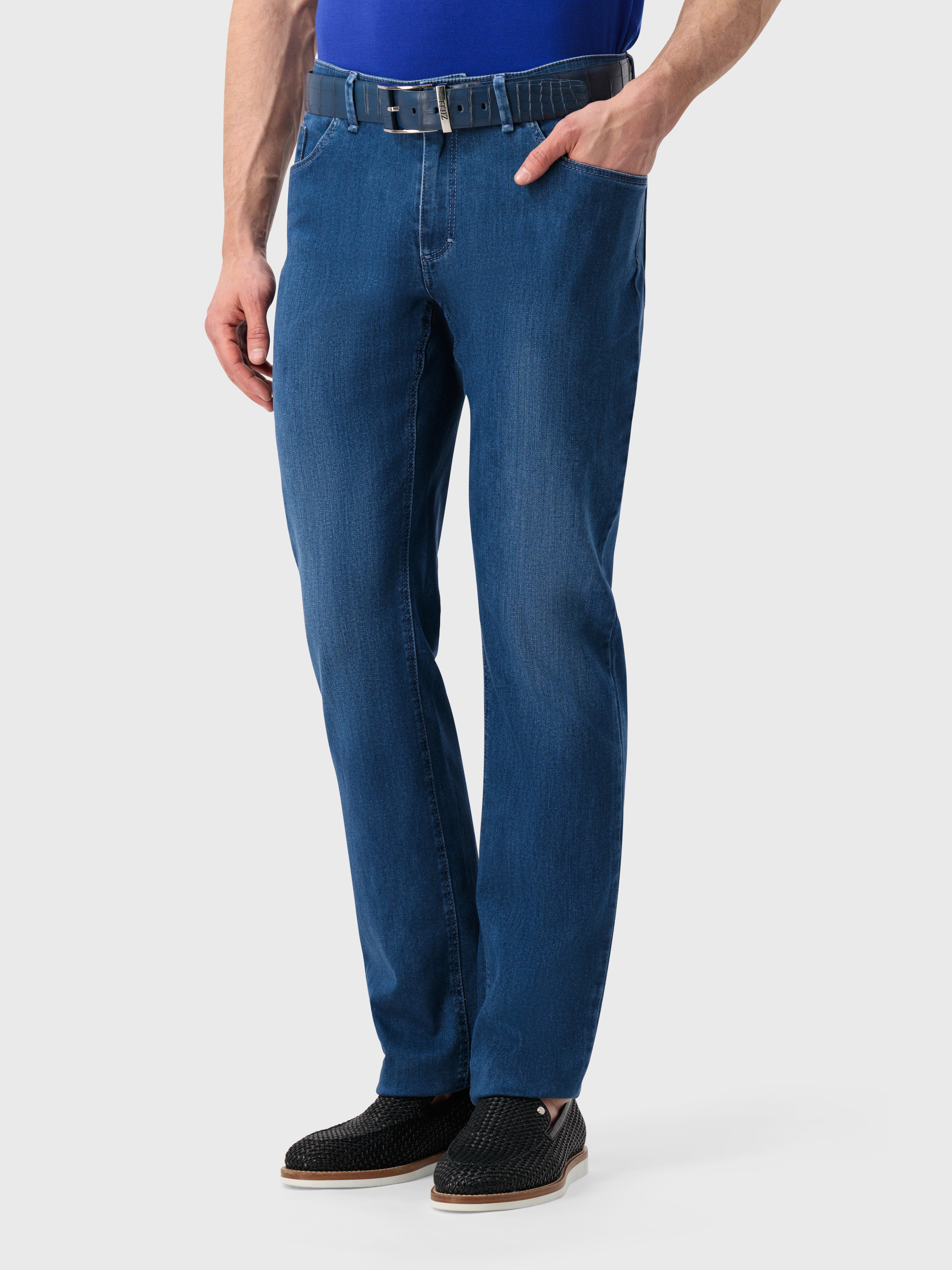 "Lion" Embroidery Tailored Denim Cotton Trousers - Blue Jeans