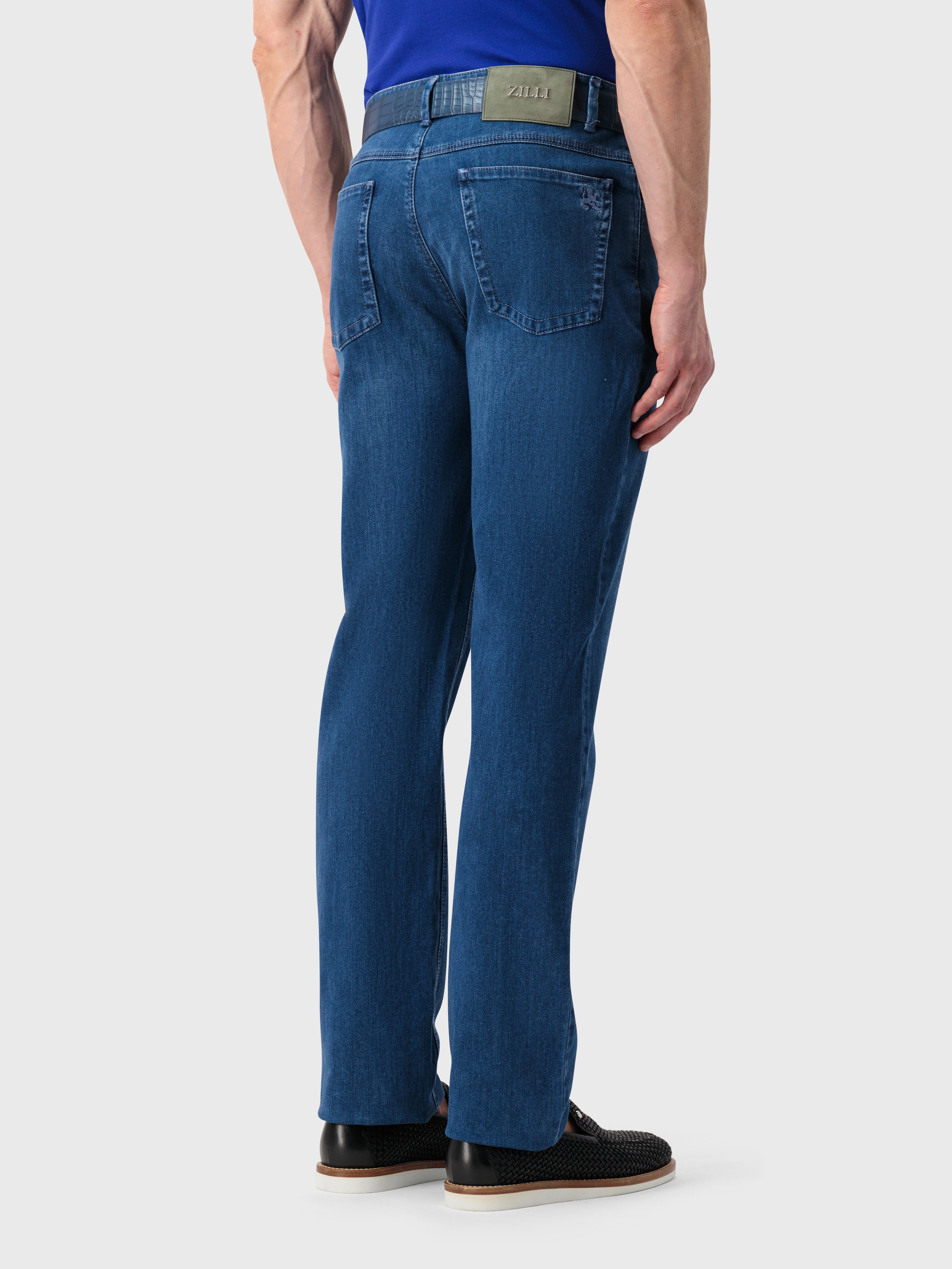 "Lion" Embroidery Tailored Denim Cotton Trousers - Blue Jeans