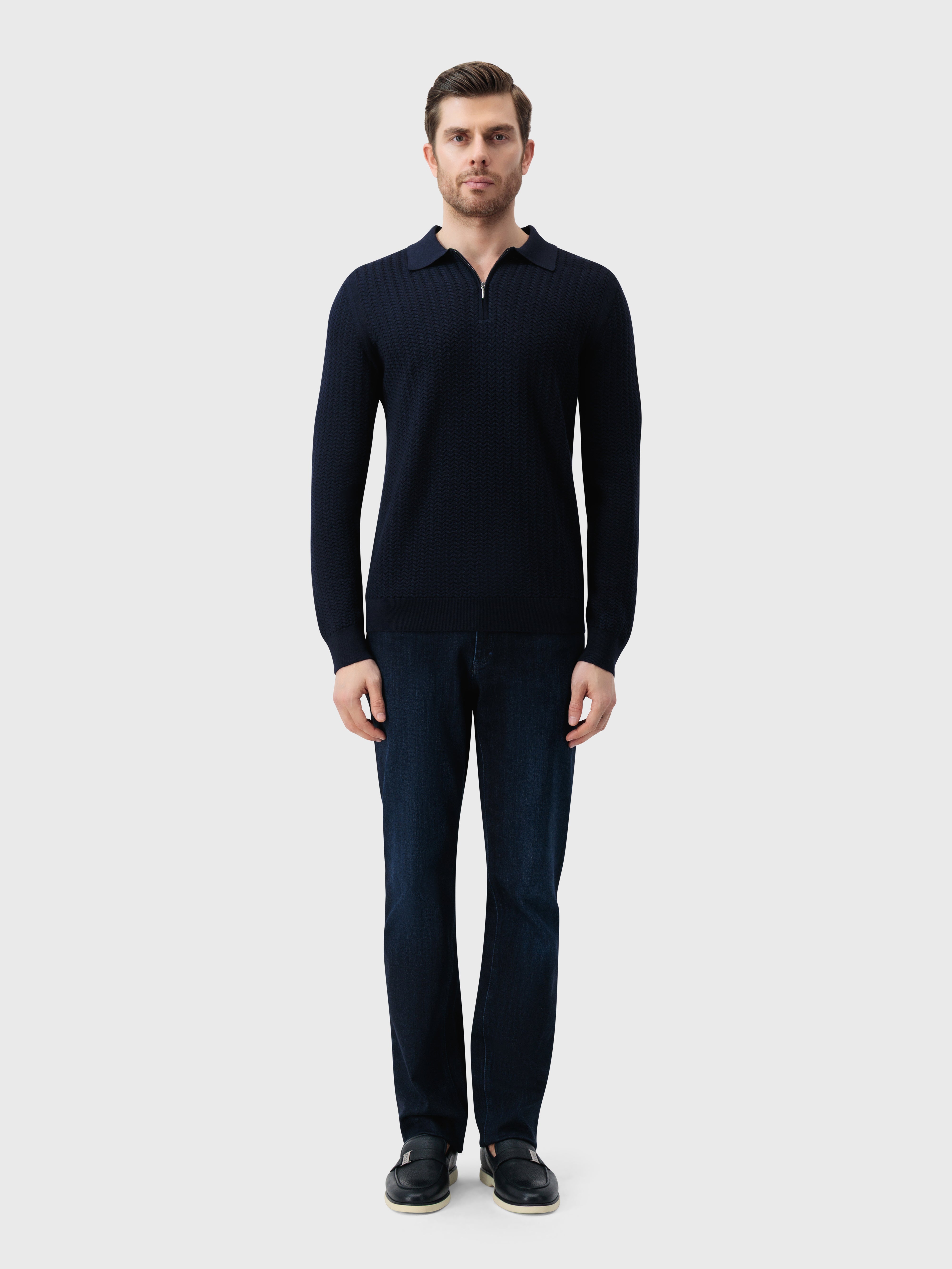60% Wool 30% Silk 10% Cashmere Zip Polo - Dark Navy