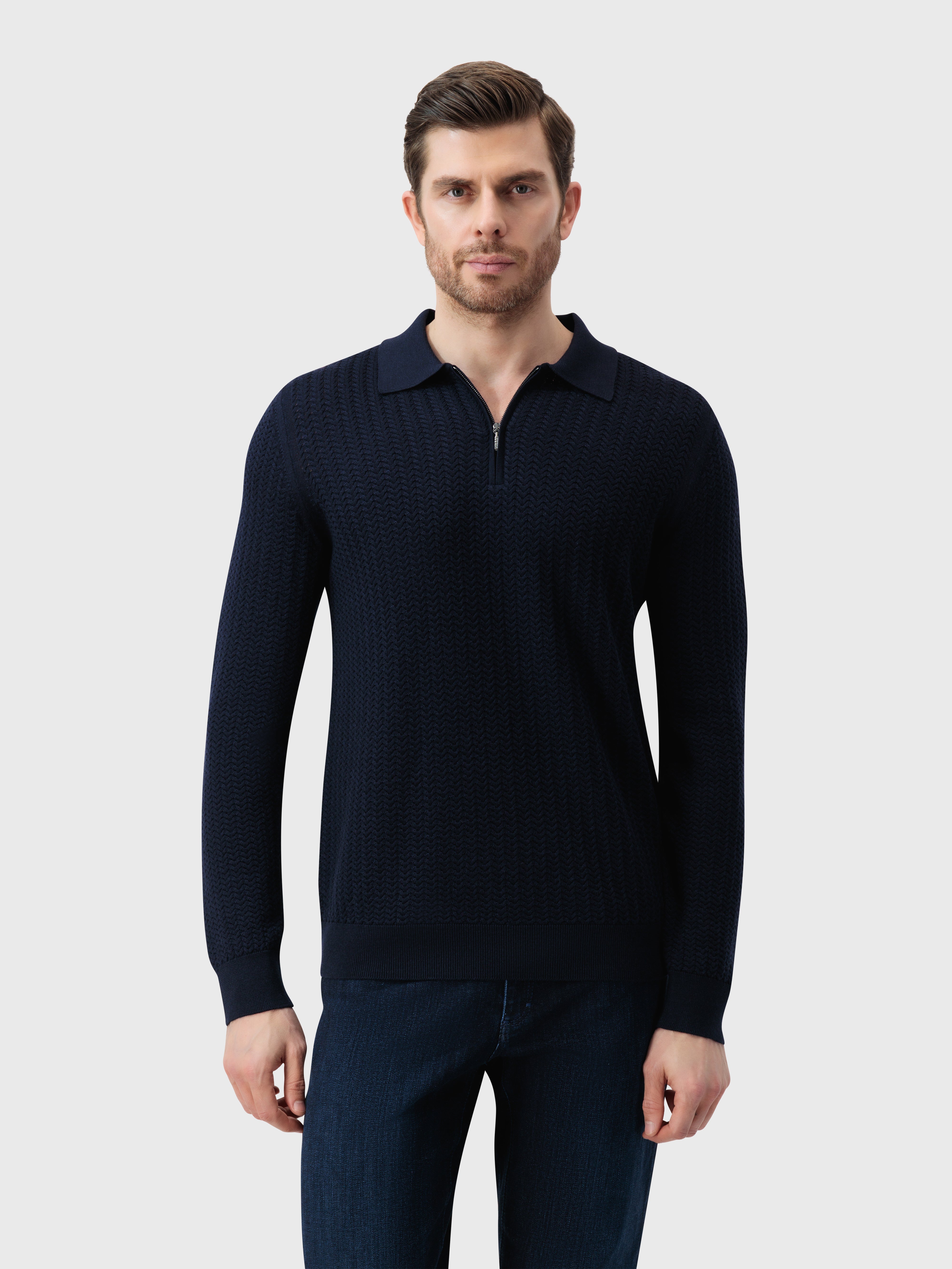 60% Wool 30% Silk 10% Cashmere Zip Polo - Dark Navy