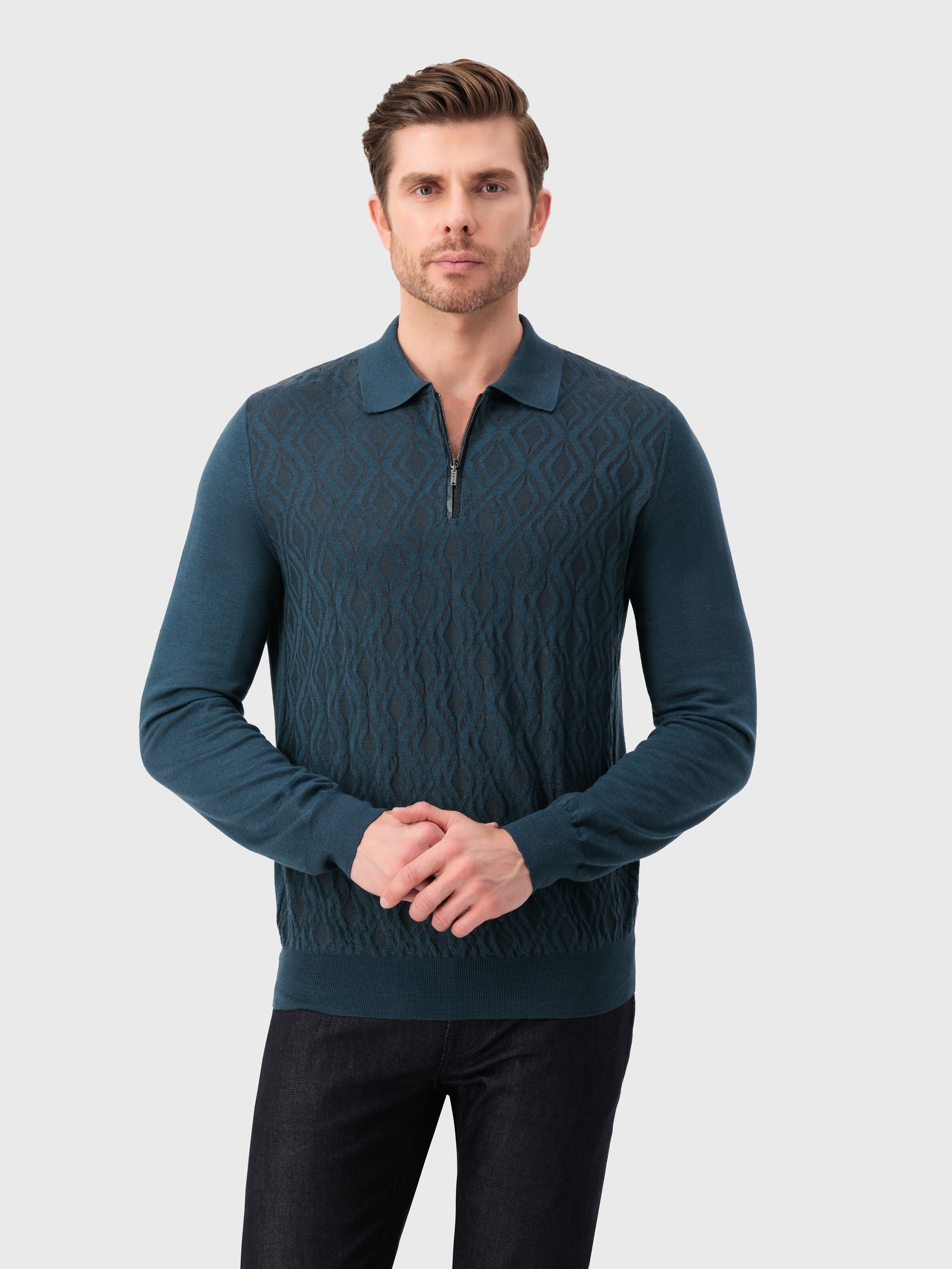 Рубашка-поло с длинными рукавами и узором в виде ромбов темно-зеленая