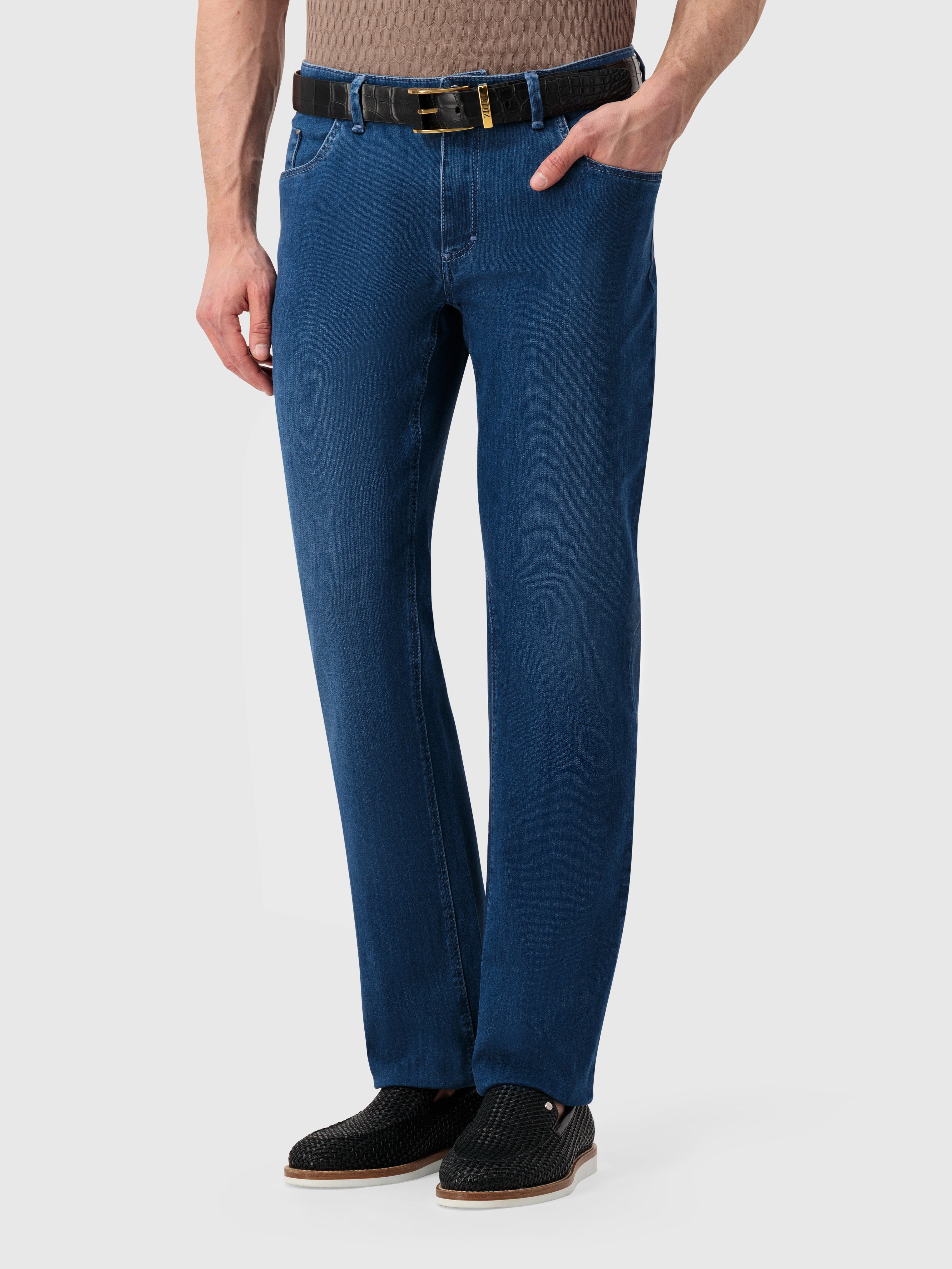 "Lion" Embroidery Denim Cotton Trousers - Blue Jeans