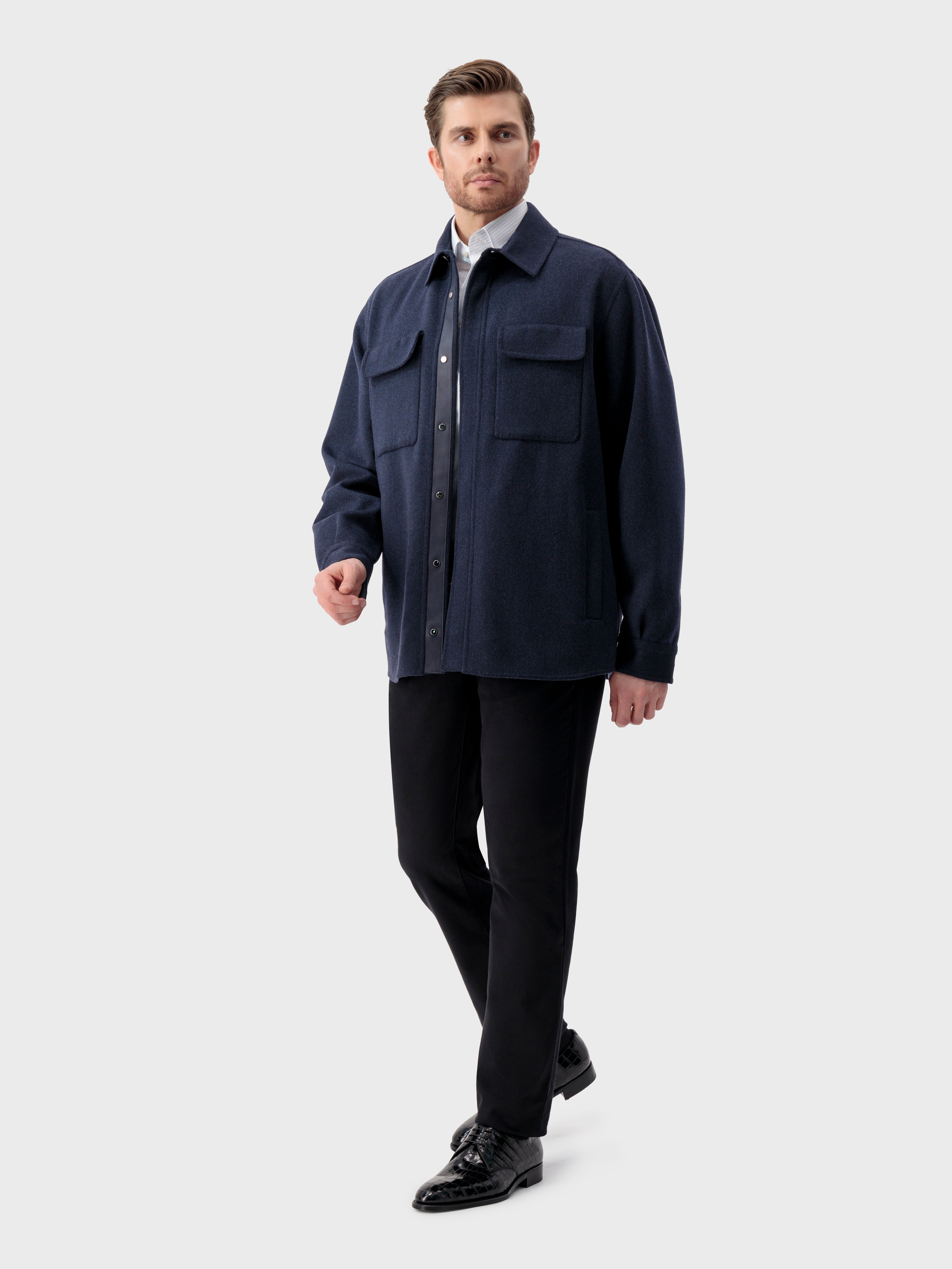Leather Panel Cashmere Jacket - Dark Navy