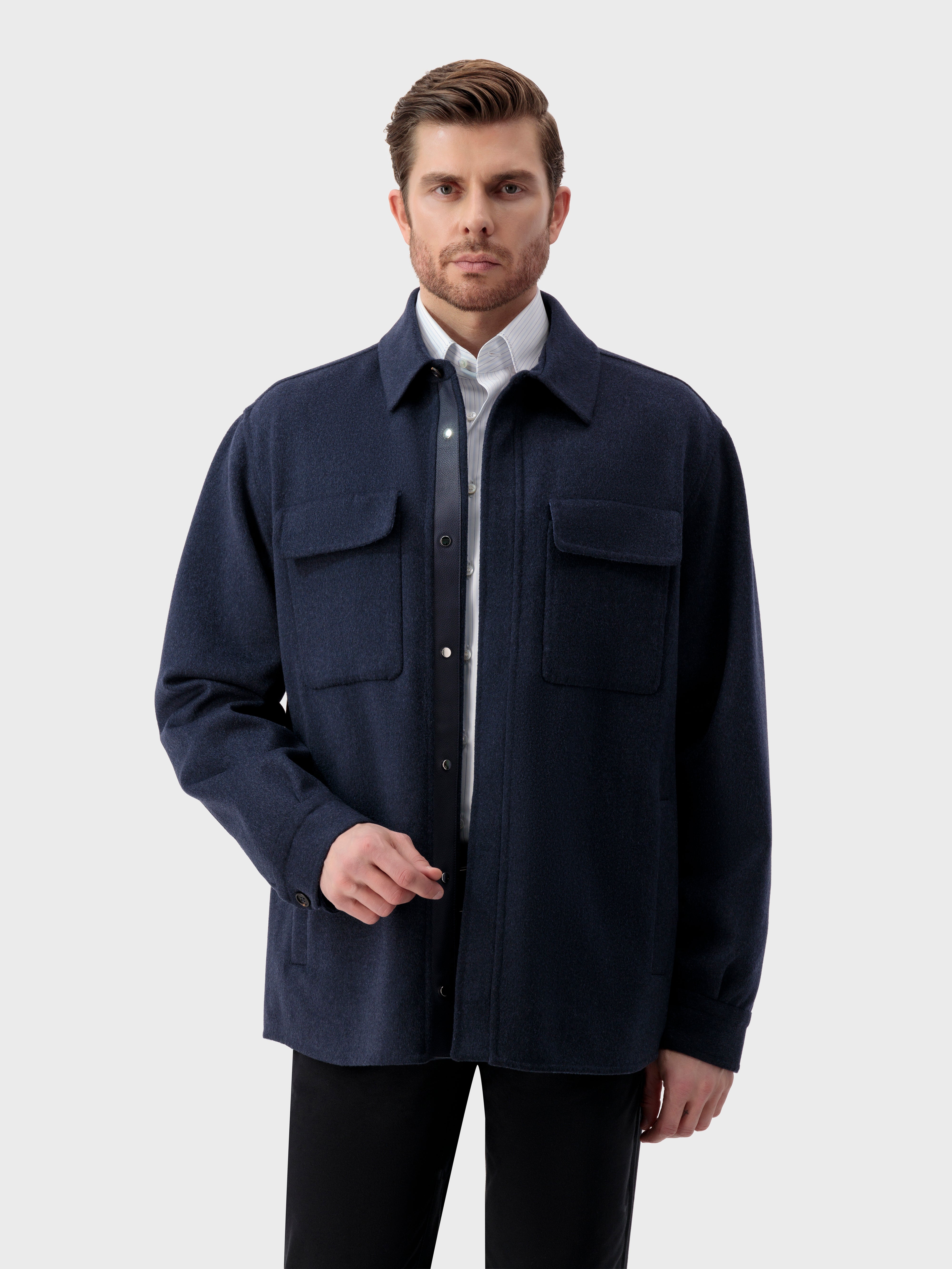 Leather Panel Cashmere Jacket - Dark Navy
