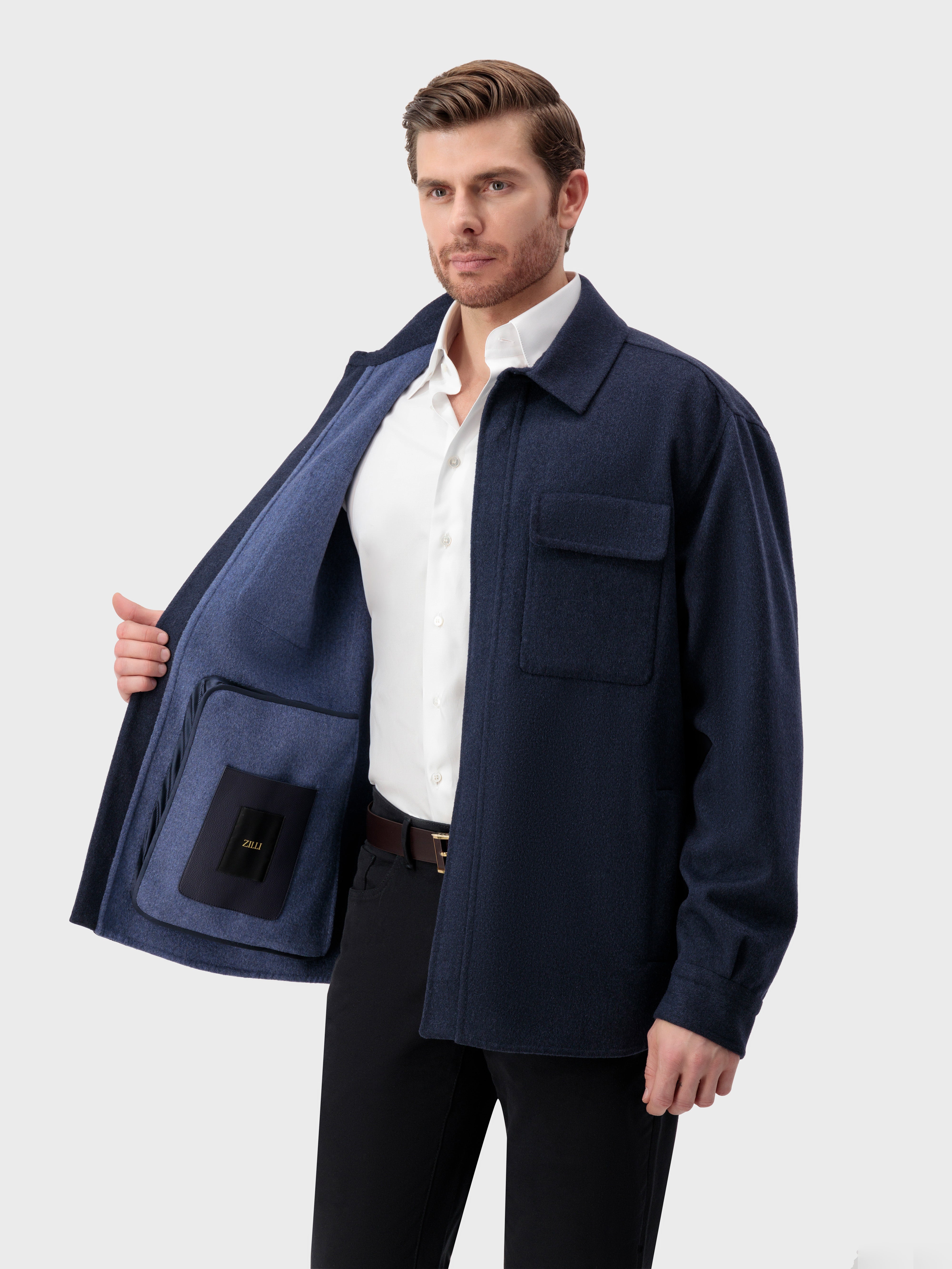 Leather Panel Cashmere Jacket - Dark Navy