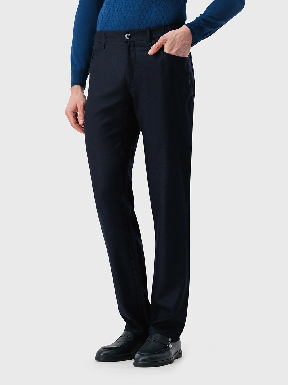 Wool Jean with Calf Leather Detail - Blue Navy