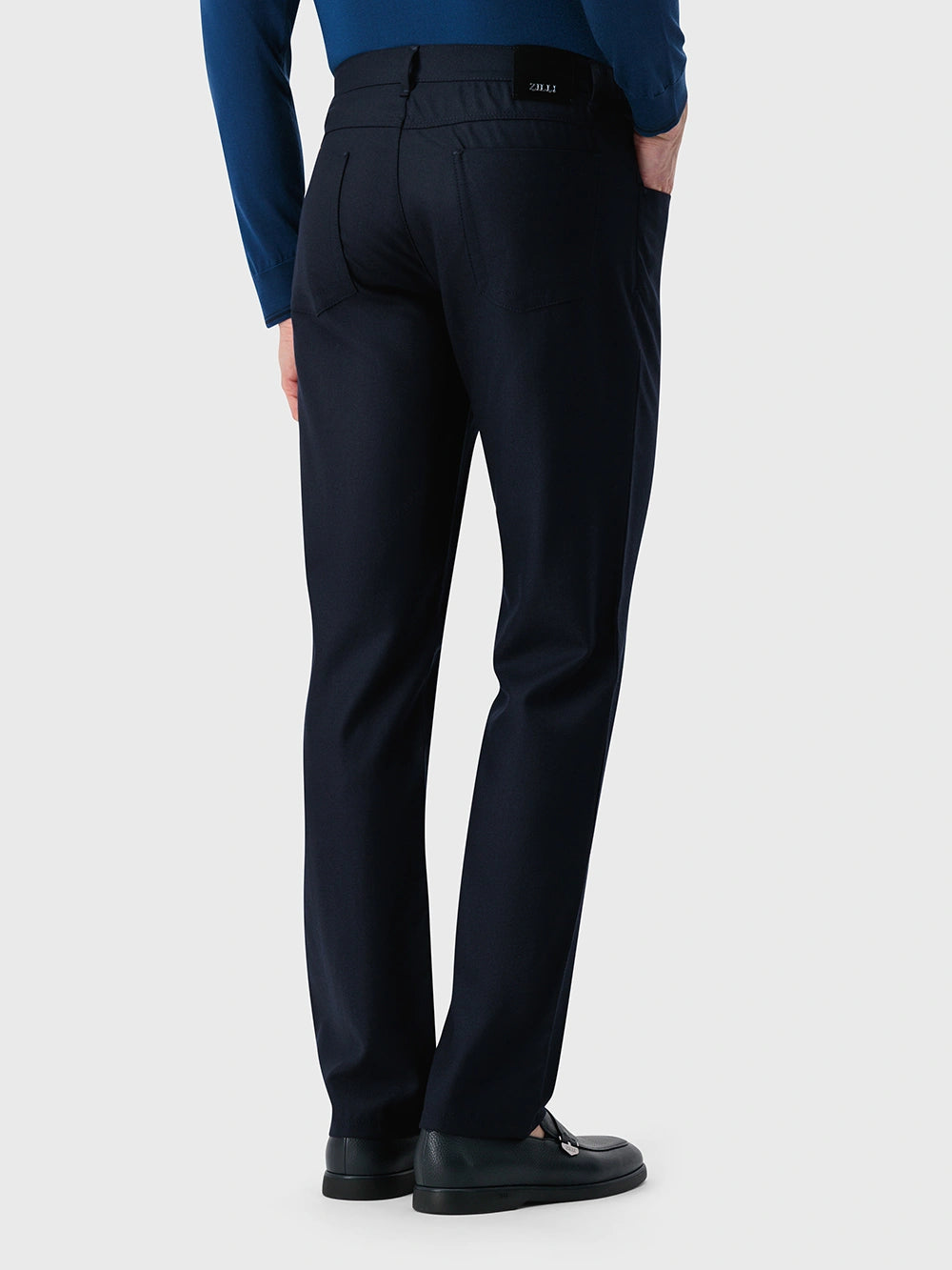 Wool Jean with Calf Leather Detail - Blue Navy