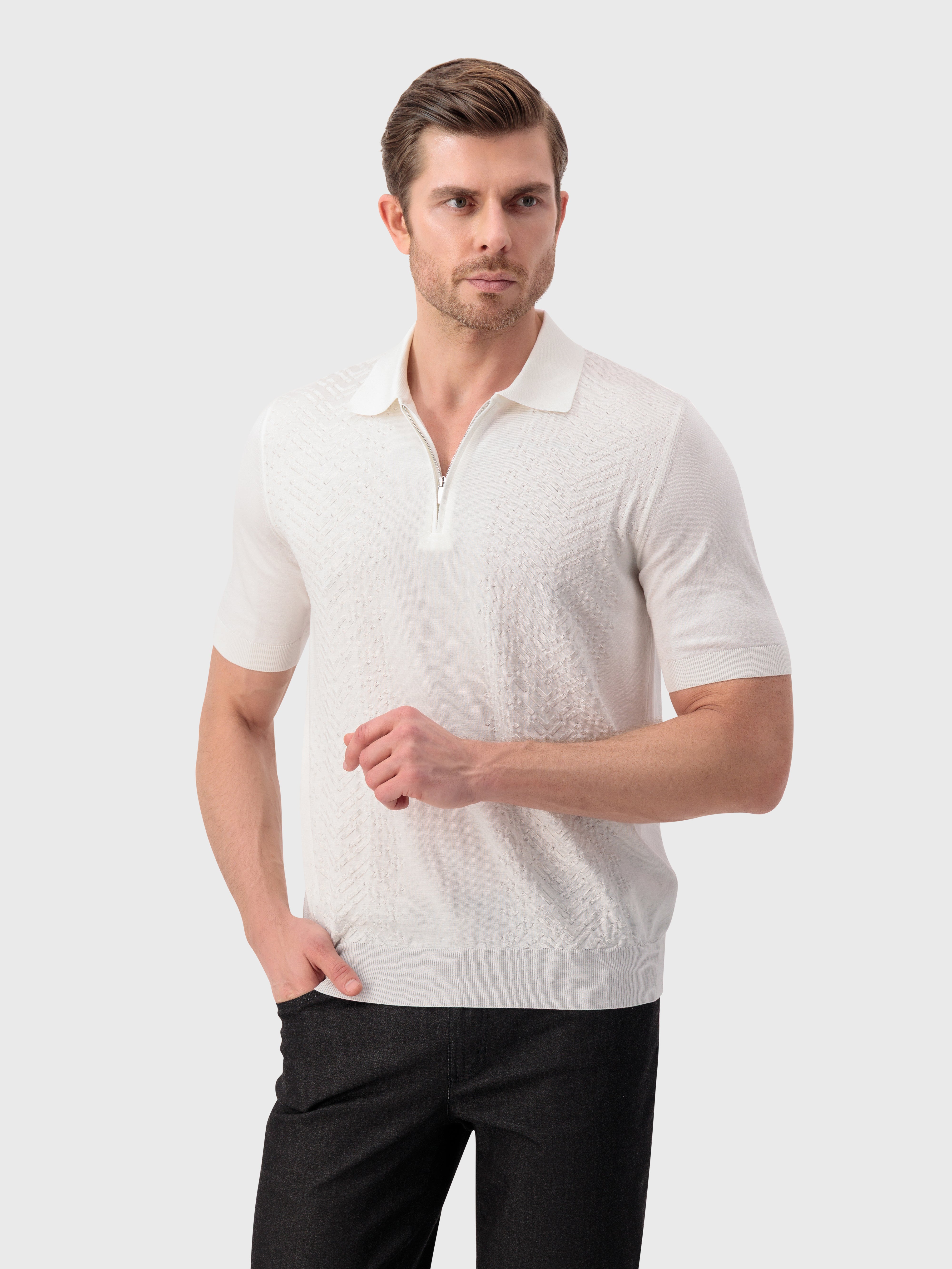"Micro Lozenges" Silk and Cotton Knit Polo - Natural White