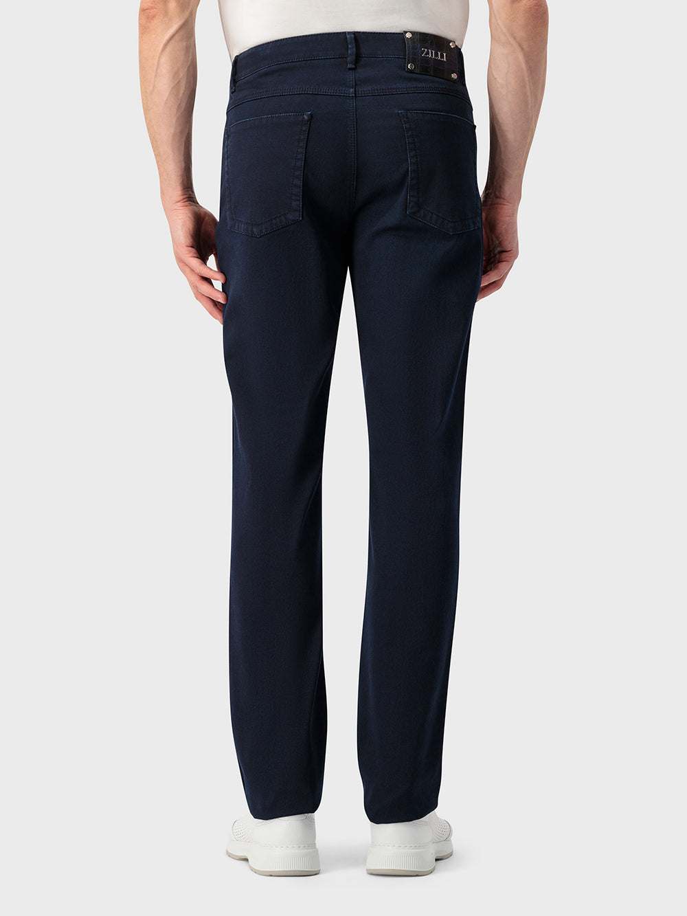 Slim Fit Crocodile-Detailed Denim Cotton Trousers - Blue Navy